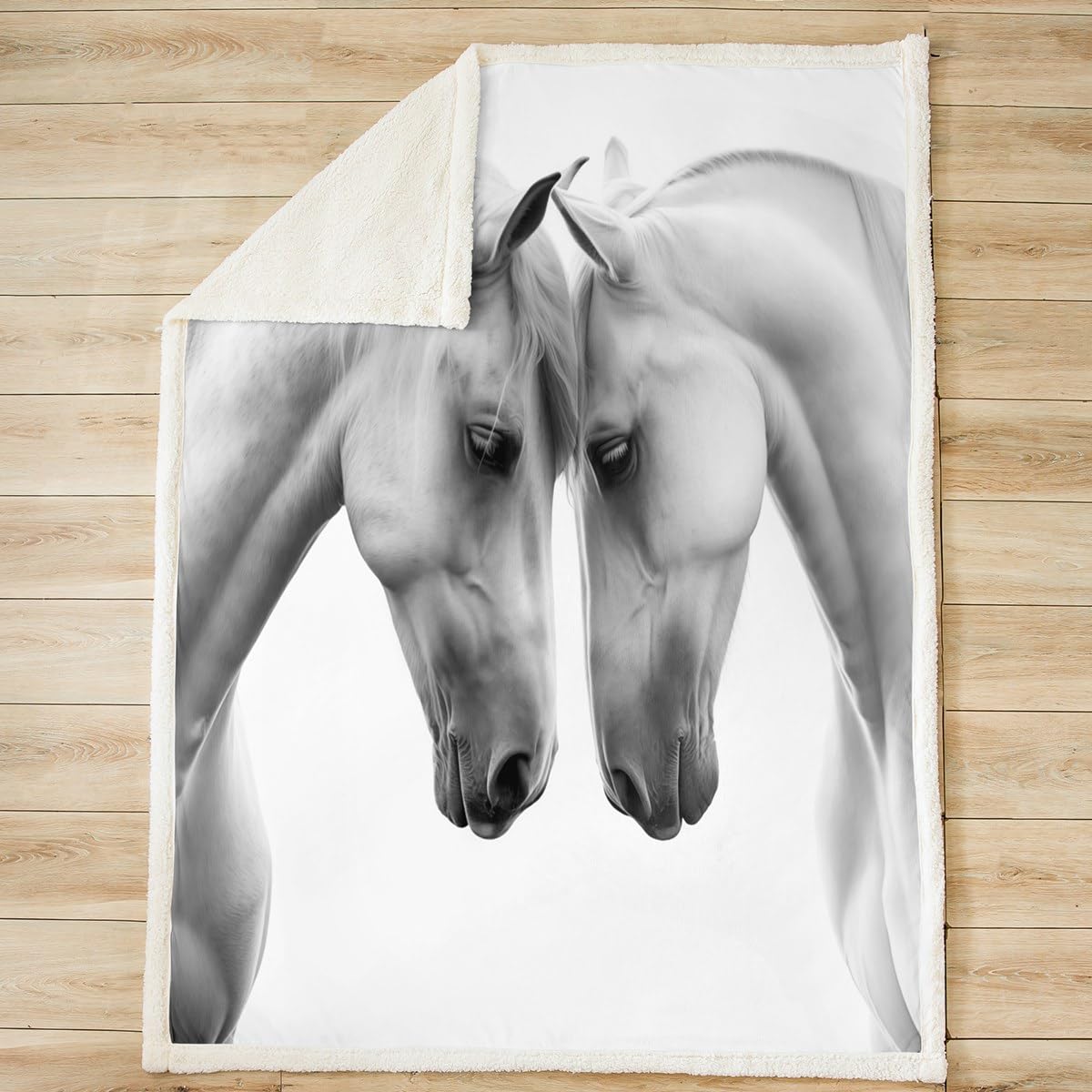 Two Horses Print Sherpa Fleece Blanket - White Racing Steed Throw Blanket, Soft Fuzzy Cozy Blanket for Bed & Couch, Queen Size (90x90 Inches) - Perfect for Winter Warmth, Home Decor & Gift Giving