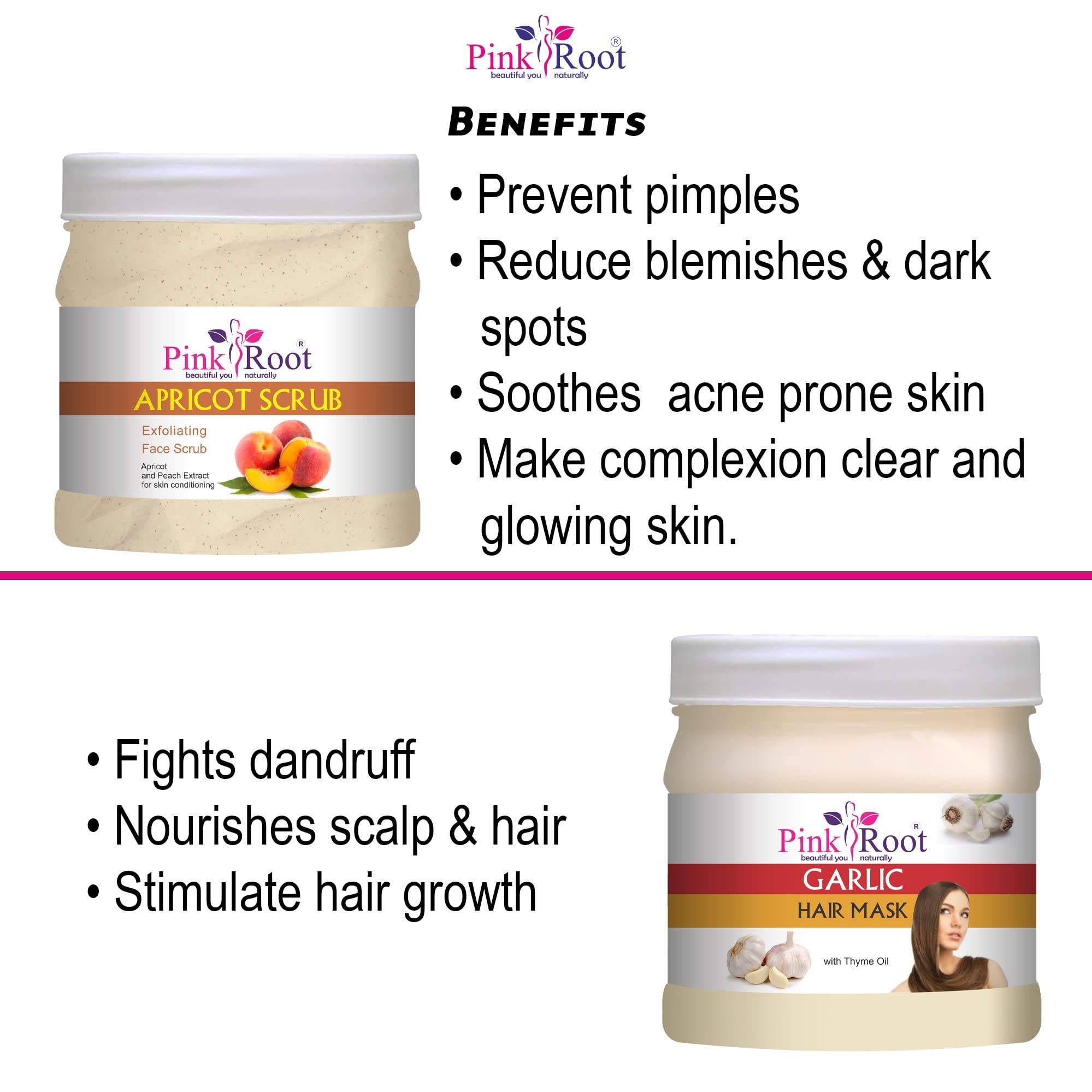 Pink Root Apricot Scrub 500g & Garlic Hair Mask 500g - Natural Exfoliating Face Scrub & Deep Conditioning Hair Treatment for Glowing Skin & Stronger Hair - Perfect for Daily Skincare & Haircare Routine