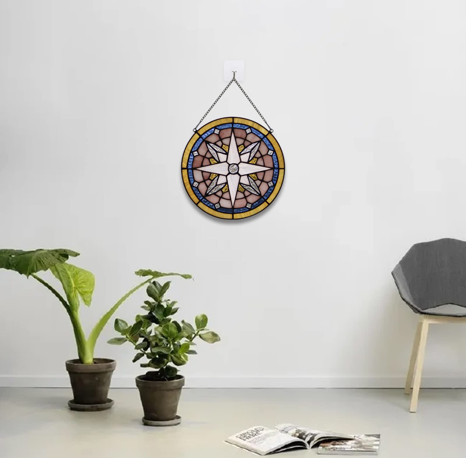 Compass Rose Stained Glass Window Hangings - Round Nautical Tiffany Style Boho Decor for Windows, Doors & Home Decor | Perfect for Beach Houses, Coastal Decor & Nautical Theme Rooms