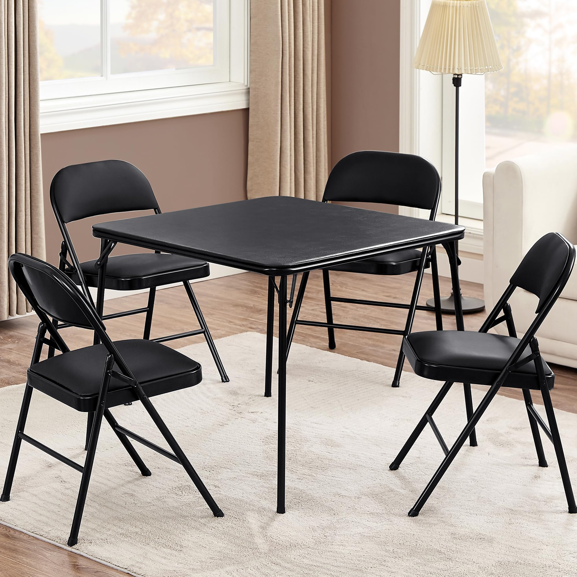 VECELO 5-Piece Portable Folding Card Table and Chair Set - Square Metal Frame with Collapsible Legs & Vinyl Upholstery in Black | Perfect for Game Nights, Outdoor Parties, and Indoor Gatherings