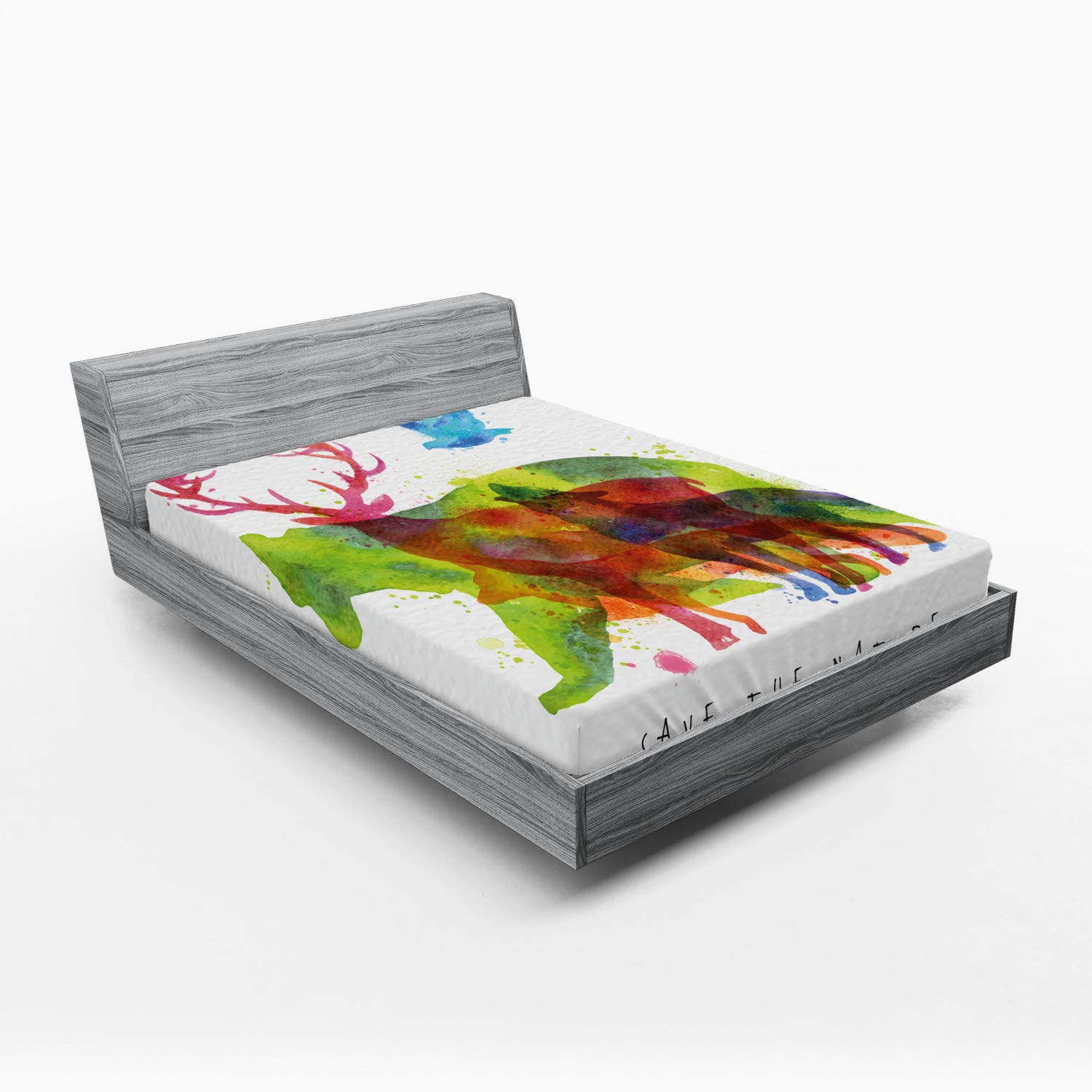 Ambesonne Animal Print Fitted Sheet - Queen Size, Alaska Wild Animals Design with Bears, Wolves, Eagles & Deer in Abstract Colors | Deep Pocket Elastic All Around for Comfort | Perfect for Bedroom Decor, Wildlife Theme Rooms & Cozy Cabin Retreats