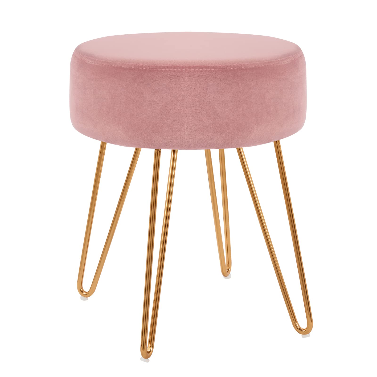 DUHOME Velvet Ottoman Stool - Modern Makeup Vanity Stool with Round Metal Base, Furry Accent Stool in Pink | Perfect for Bedroom, Dressing Room & Contemporary Home Decor