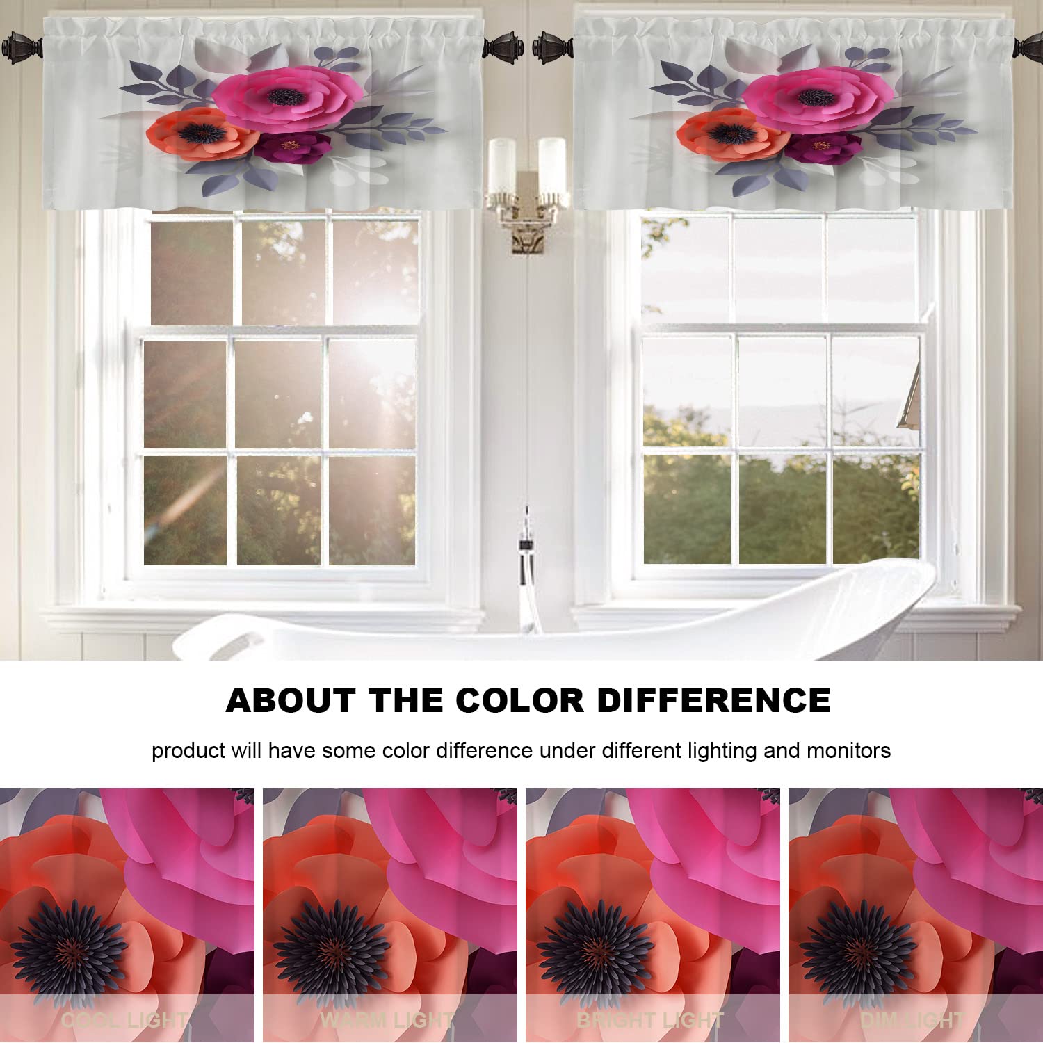 Elegant Red Pink Floral Wedding Kitchen Valance Curtains - Romantic White Floral Lace Blackout Window Drapes for Small Windows (52x18 Inch, Set of 2) - Perfect for Kitchen, Bedroom, and Wedding Decor