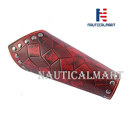 Medieval Leather Gauntlets for Men & Women - Punk Armor Bracer Wrist Cuffs - Red - Perfect for LARP, Cosplay, Renaissance Fairs & Halloween Costumes