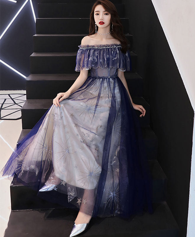 Elegant Blue Tulle Lace Tea-Length Prom Dress | Vintage-Inspired Evening Gown for Homecoming, Wedding Guest & Special Occasions