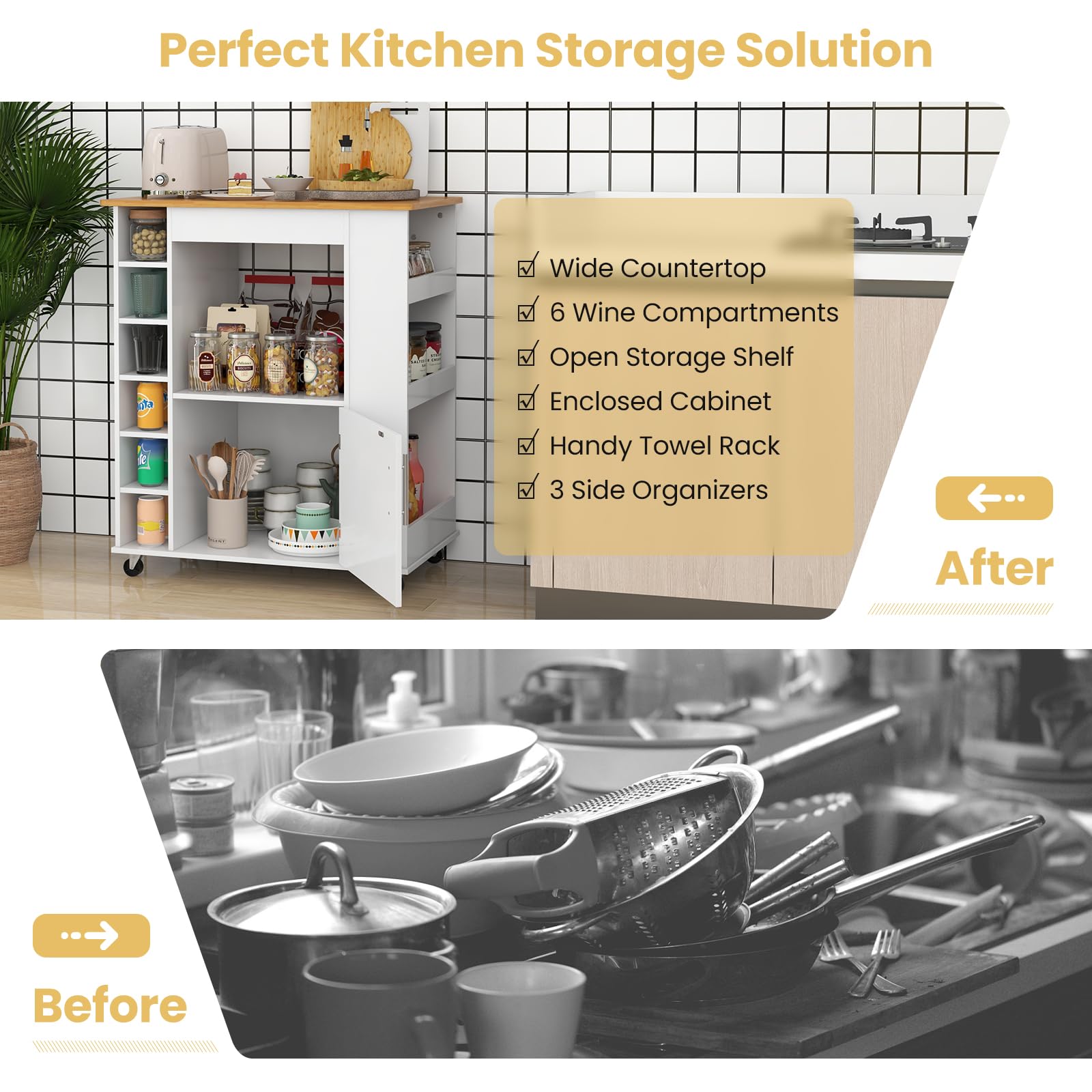 Giantex Mobile Kitchen Island Cart with Storage Cabinet, Bamboo Top & Wheels - 6-Bottle Wine Rack, 3-Tier Spice Rack, Towel Holder - White Rolling Microwave Stand for Small Spaces, Dining Room, Coffee Bar & Apartment Cooking