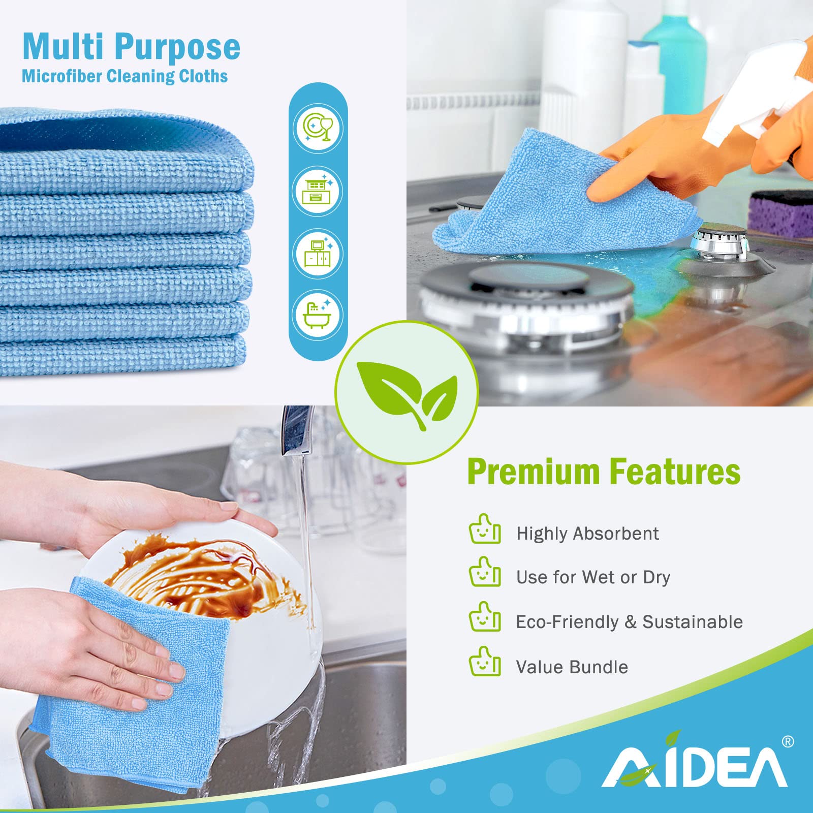AIDEA 24-Pack Blue Microfiber Cleaning Cloths - Super Soft, Highly Absorbent, Lint-Free Reusable Cleaning Rags for Kitchen, Car, Windows, Dishes (11.5