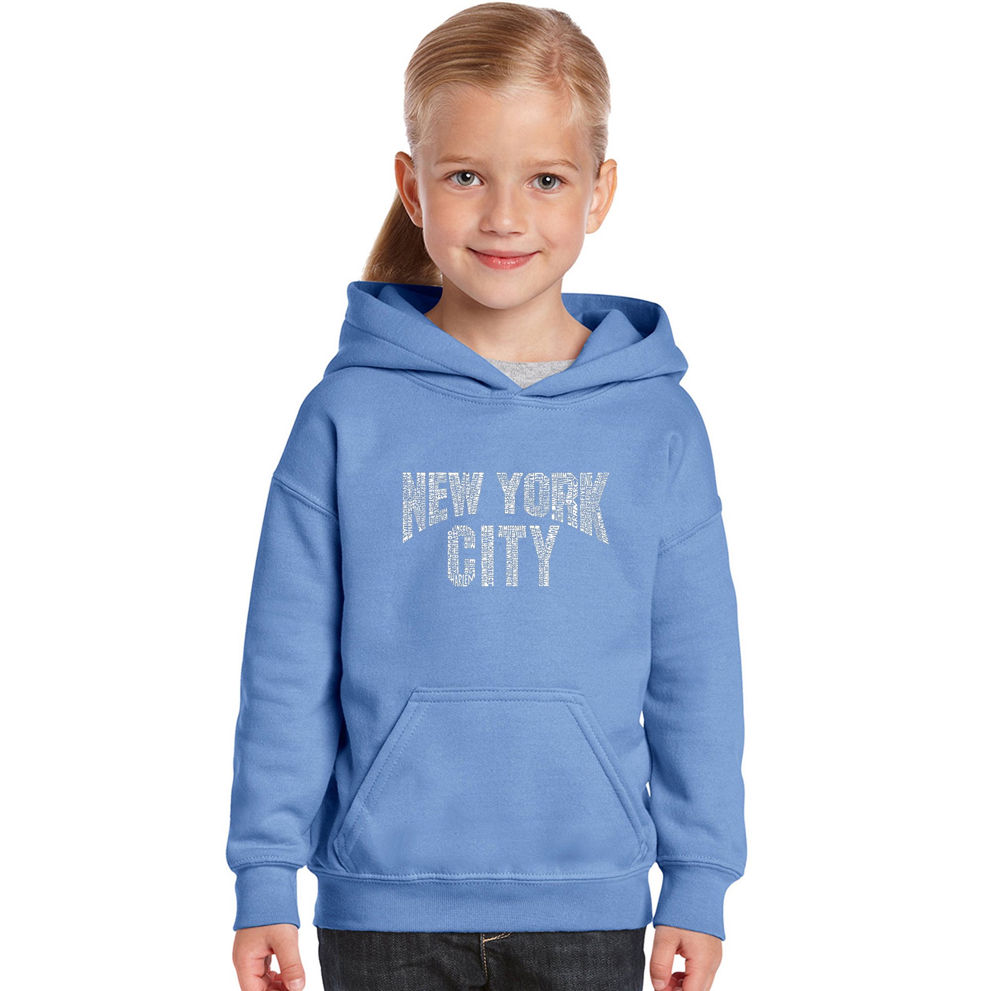 LA POP ART Girls' Word Art Hooded Sweatshirt - Trendy NYC Neighborhoods Design | Cute Casual Outfit for Teens, Streetwear Fashion, School & Weekend Wear