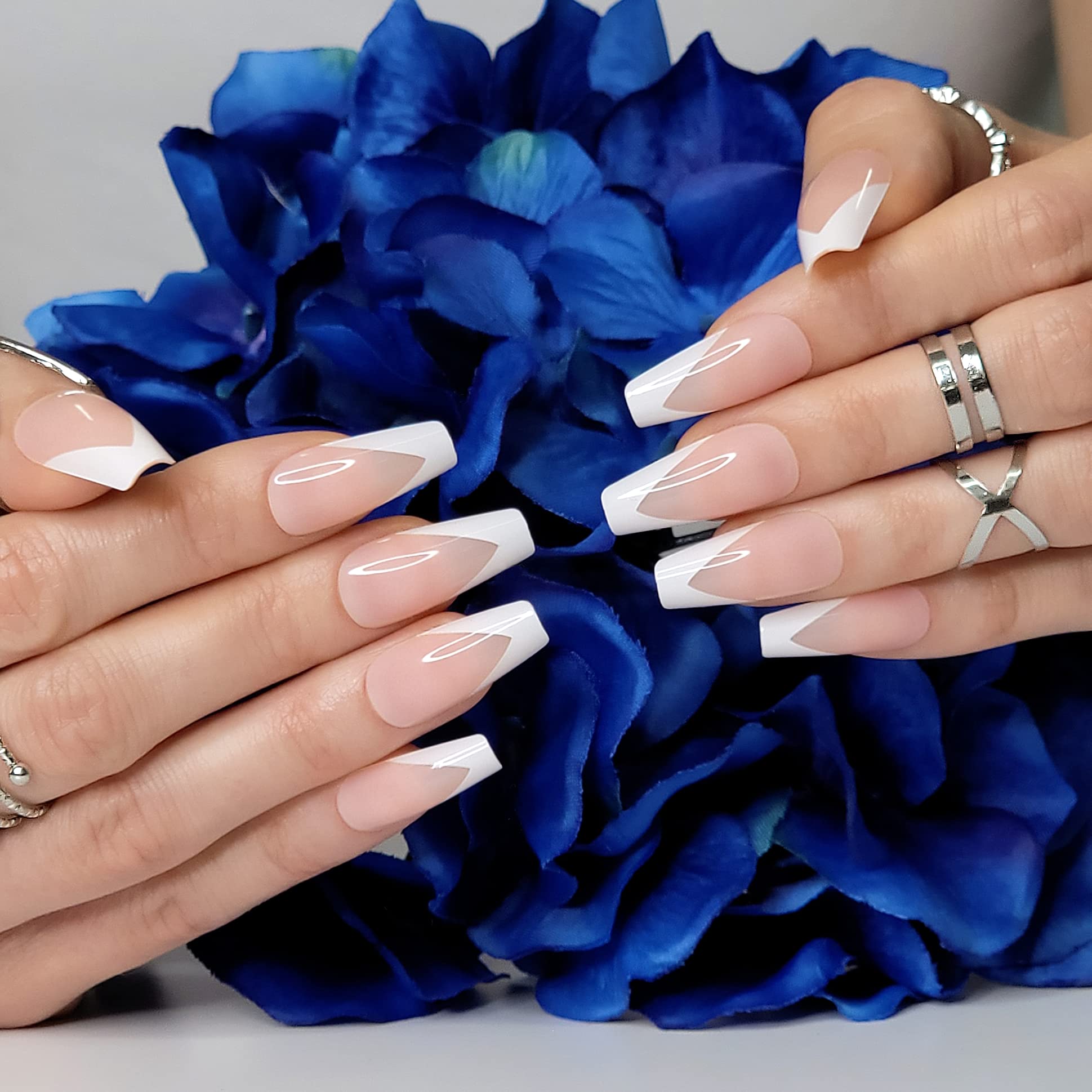 Hypnaughty 24 Pcs Modern White French Coffin Press On Nails - Medium Long Fake Nails with Glue, Nude Base & White French Tips - Perfect for Parties, Weddings & Everyday Wear