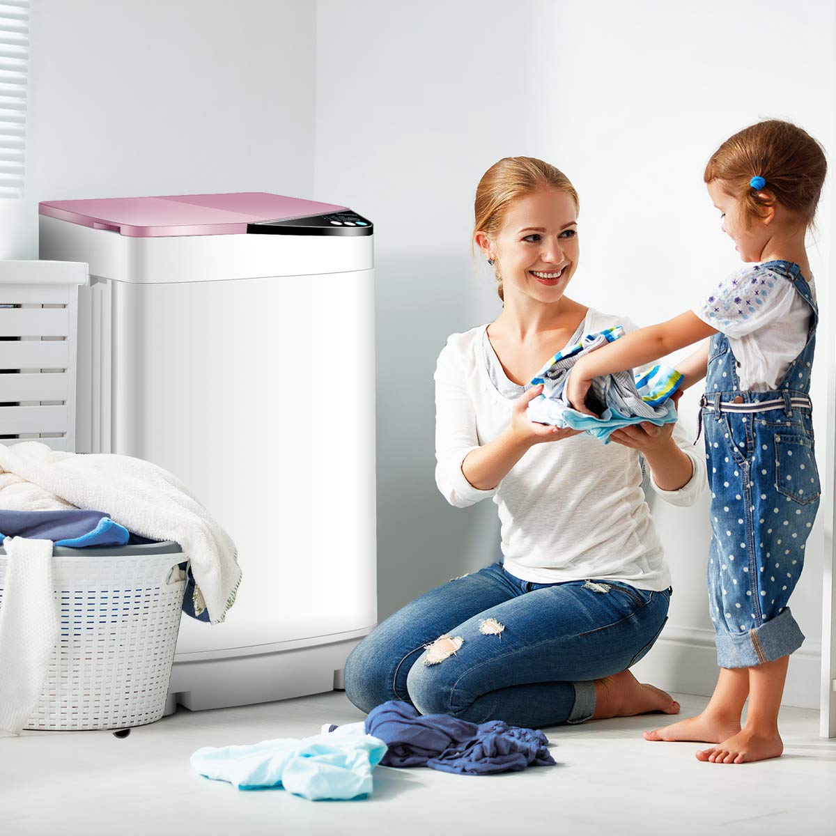 SAFEPLUS Full-Automatic Portable Washing Machine 7.7 lbs Capacity with Spin Dryer & Built-in Light - Compact Laundry Solution for Dorms, Apartments, RVs, Camping & Travel - Pink