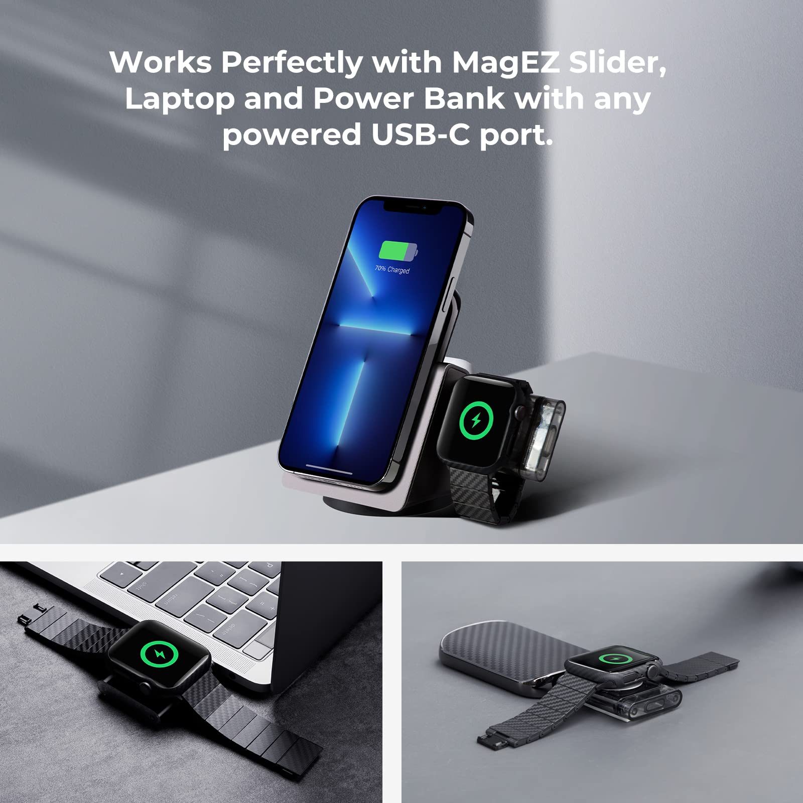 PITAKA MFi Certified Magnetic Wireless Charger for Apple Watch Series 7/SE/6/5/4/3/2/1 - Portable USB-C Power Dongle for Travel, Office & Nightstand Charging