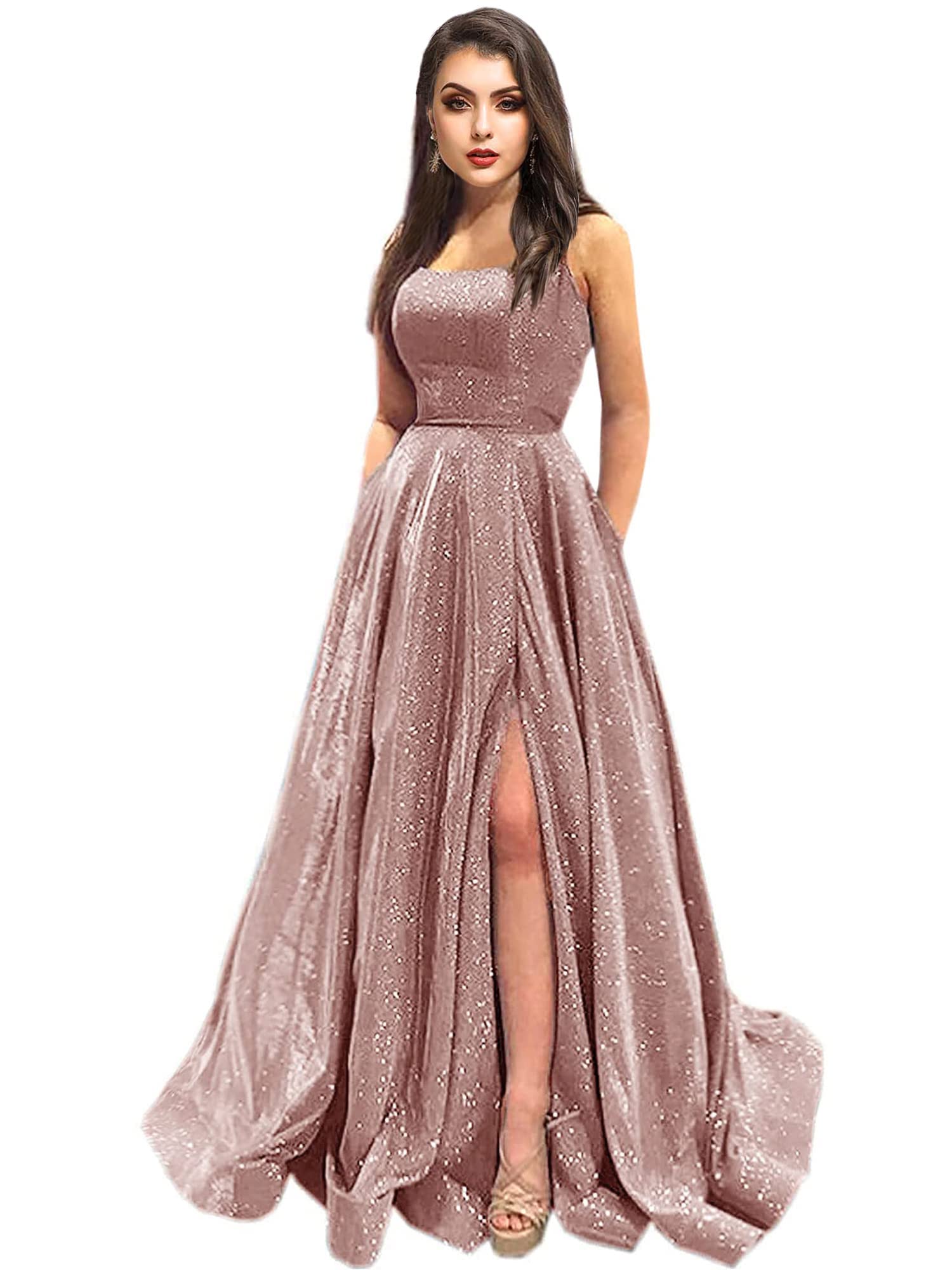 Elegant Women's Prom Dresses 2024 - Sparkling Formal Evening Gown with Spaghetti Straps & Pockets for Homecoming, Wedding, Cocktail Party