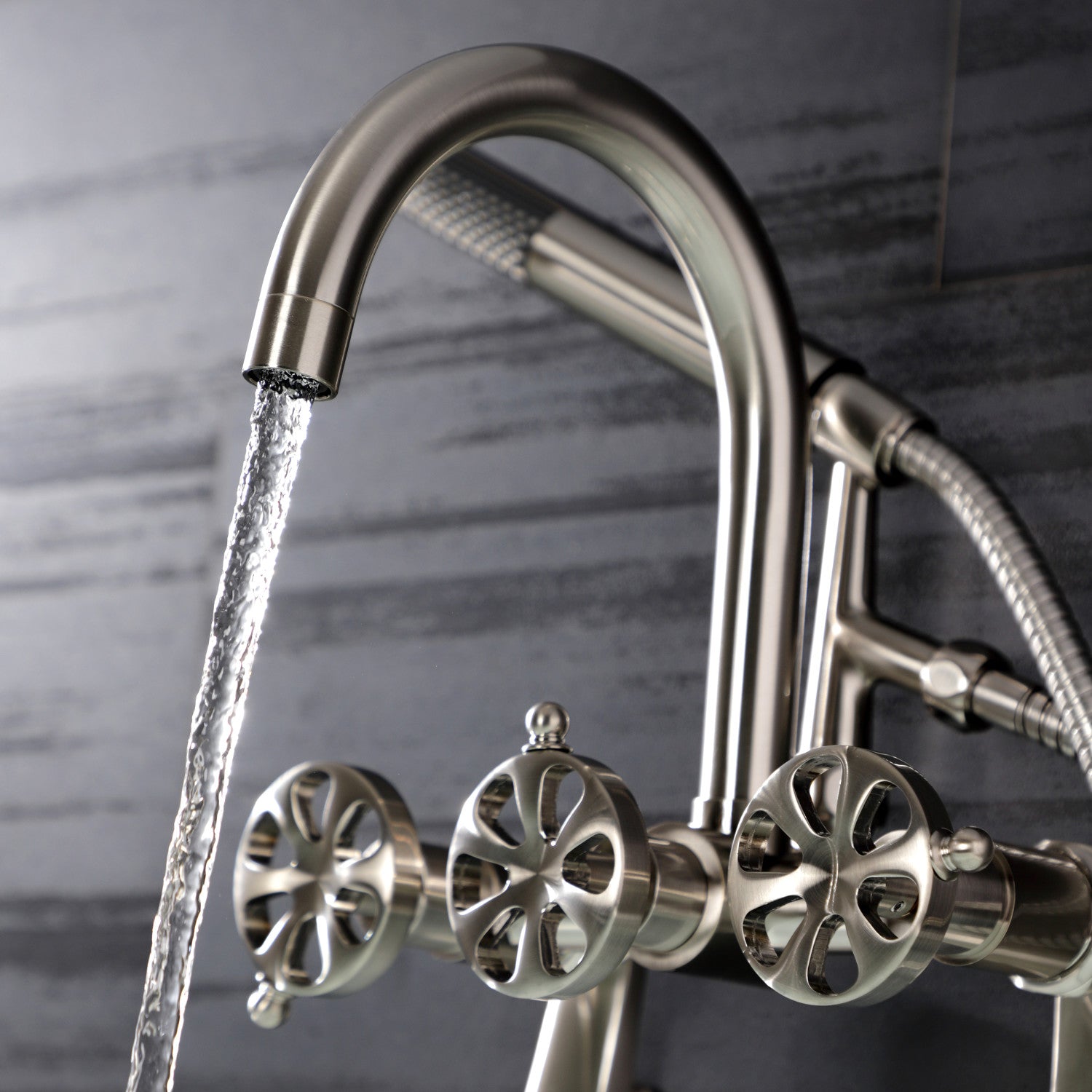 Belknap AE8158RX 3-Handle 2-Hole Wall Mount Clawfoot Tub Faucet with Hand Shower in Brushed Nickel - Vintage Bathroom Fixture for Classic & Modern Bathrooms