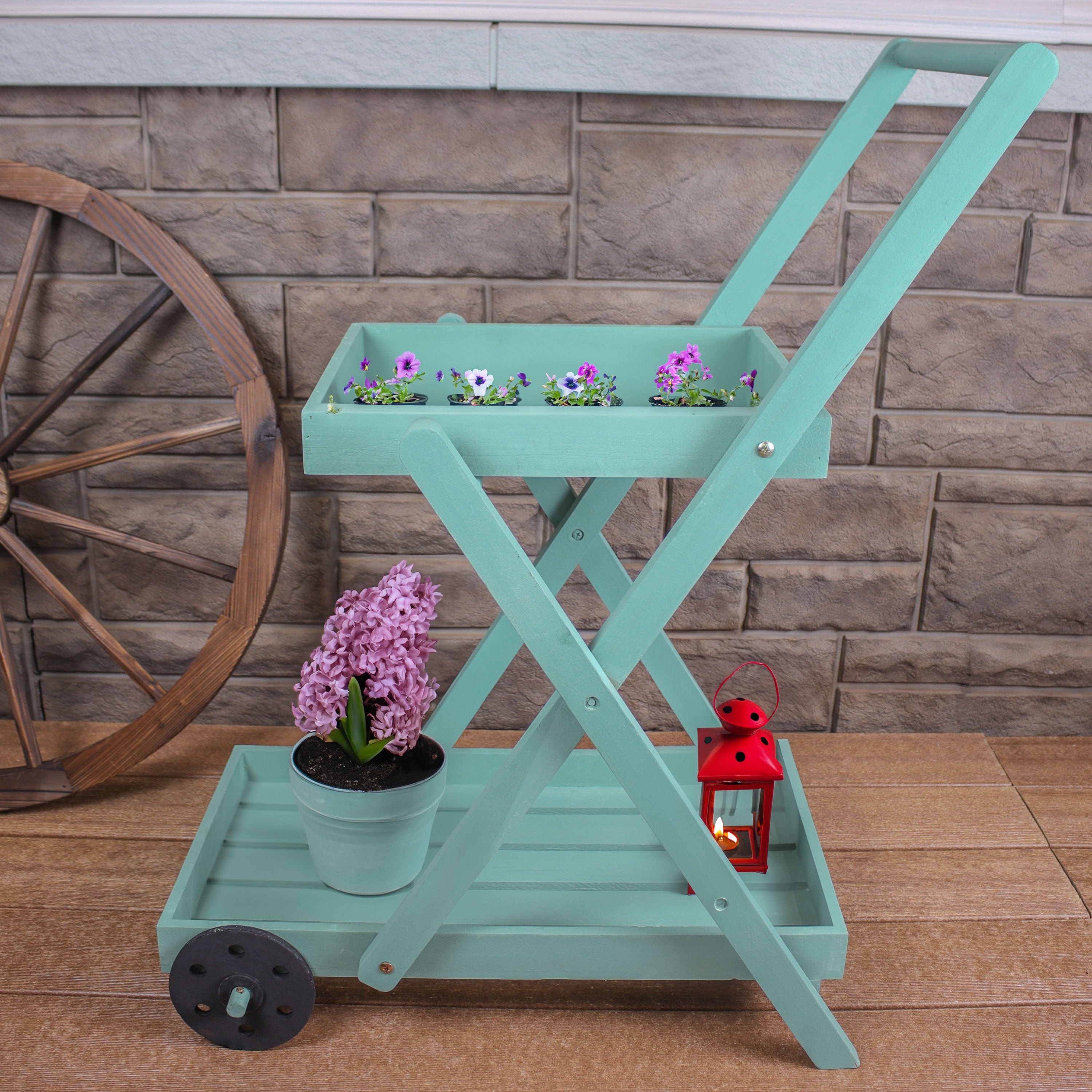 2-Tiered Flower Garden Cart by Sunnydaze - 34 Inch Height, Robin Egg Blue - Perfect for Outdoor Gardening, Patio Decor & Plant Transport