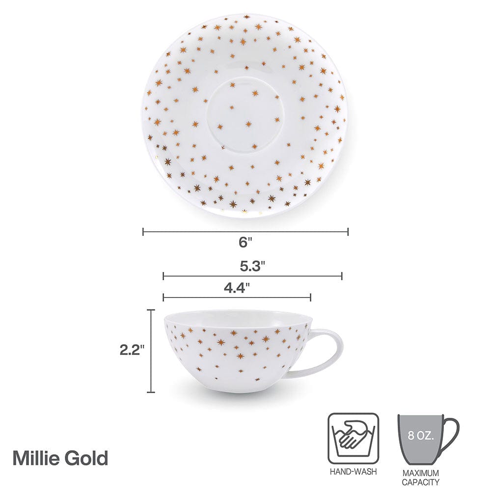 Millie Gold 4-Piece Tea Cup and Saucer Set - Elegant Porcelain Tea Cups for Afternoon Tea, Bridal Shower, and Home Decor