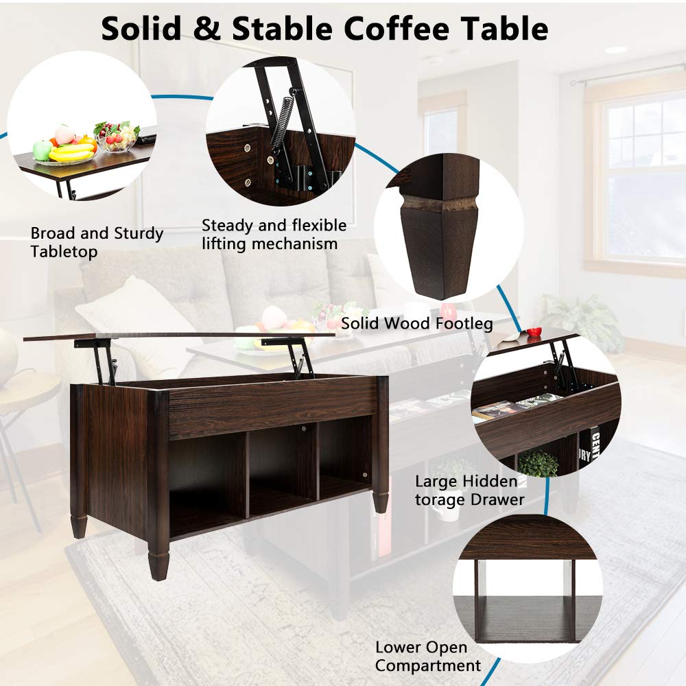 Modern Lift Top Coffee Table with Hidden Storage - Solid Wood Living Room Furniture, Convertible Desk & Organizer Shelf (Brown) - Perfect for Small Spaces, Home Office & Entertaining Guests