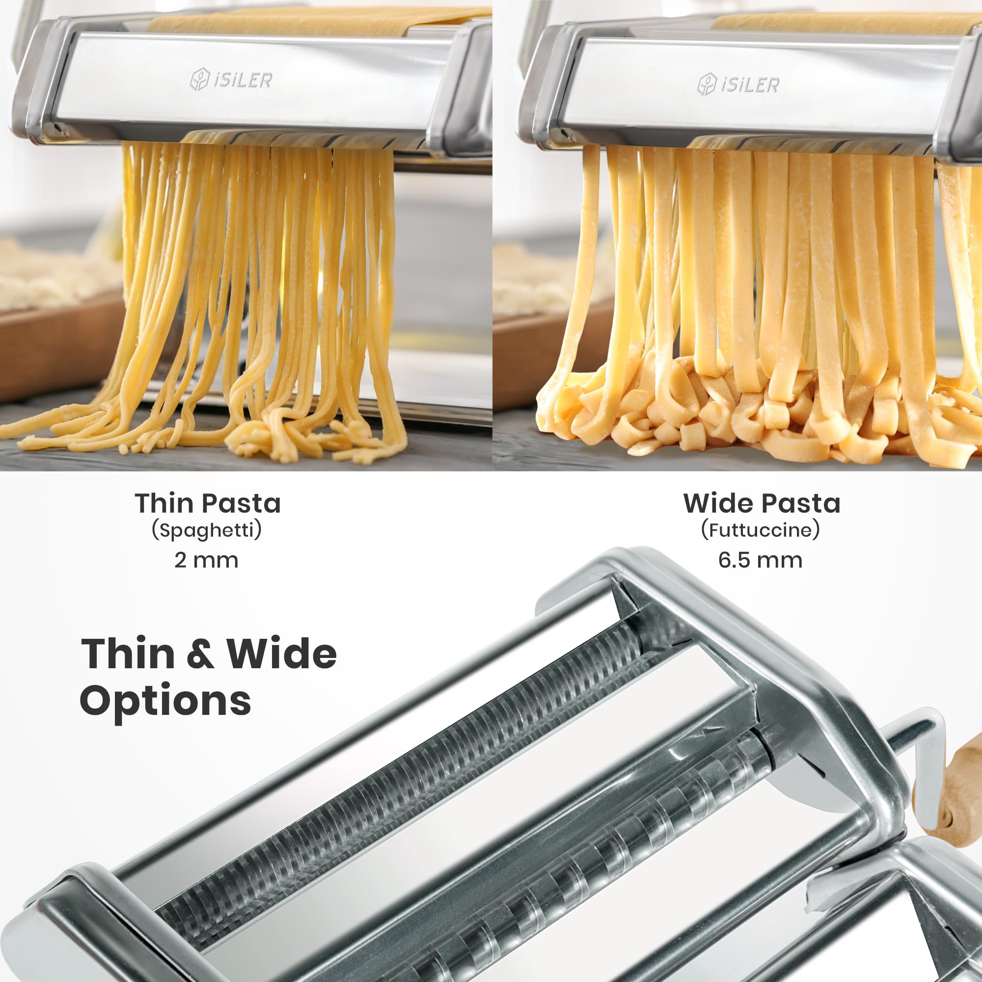 ISILER 2-in-1 Pasta Maker Machine with 9 Adjustable Thickness Settings - Stainless Steel Pasta Roller & Cutter for Homemade Noodles, Dumpling Wrappers, Spaghetti, Fettuccine, Lasagna | Perfect for Italian Cooking, Family Meals & Restaurant Quality Pasta at Home