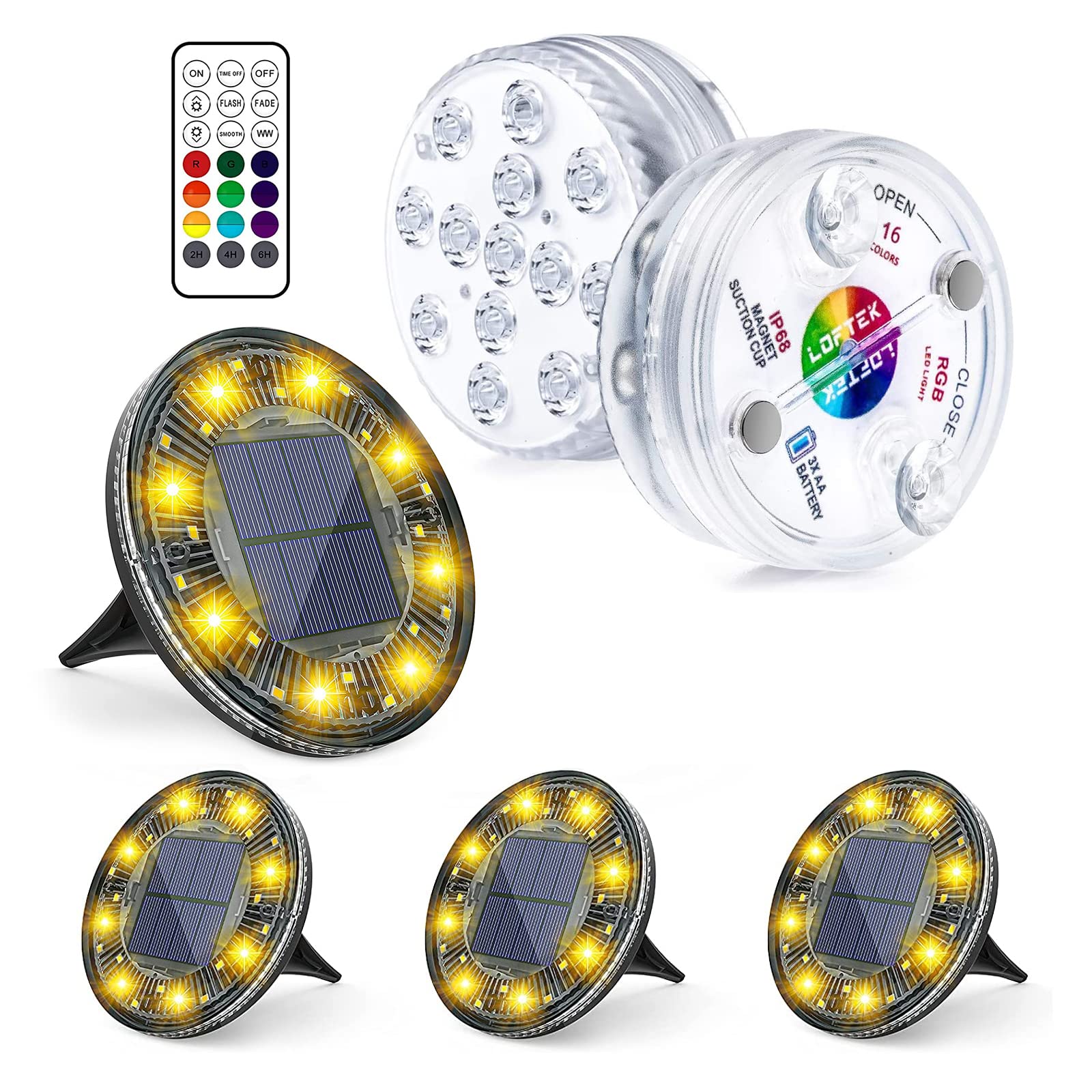 LOFTEK Submersible LED Pool Lights with Remote Control (164ft Range) - IP68 Waterproof Solar Garden Lights for Inground Pools, 24 LED Rotating & Static Modes - Perfect for Backyard, Landscape Lighting & Underwater Decoration