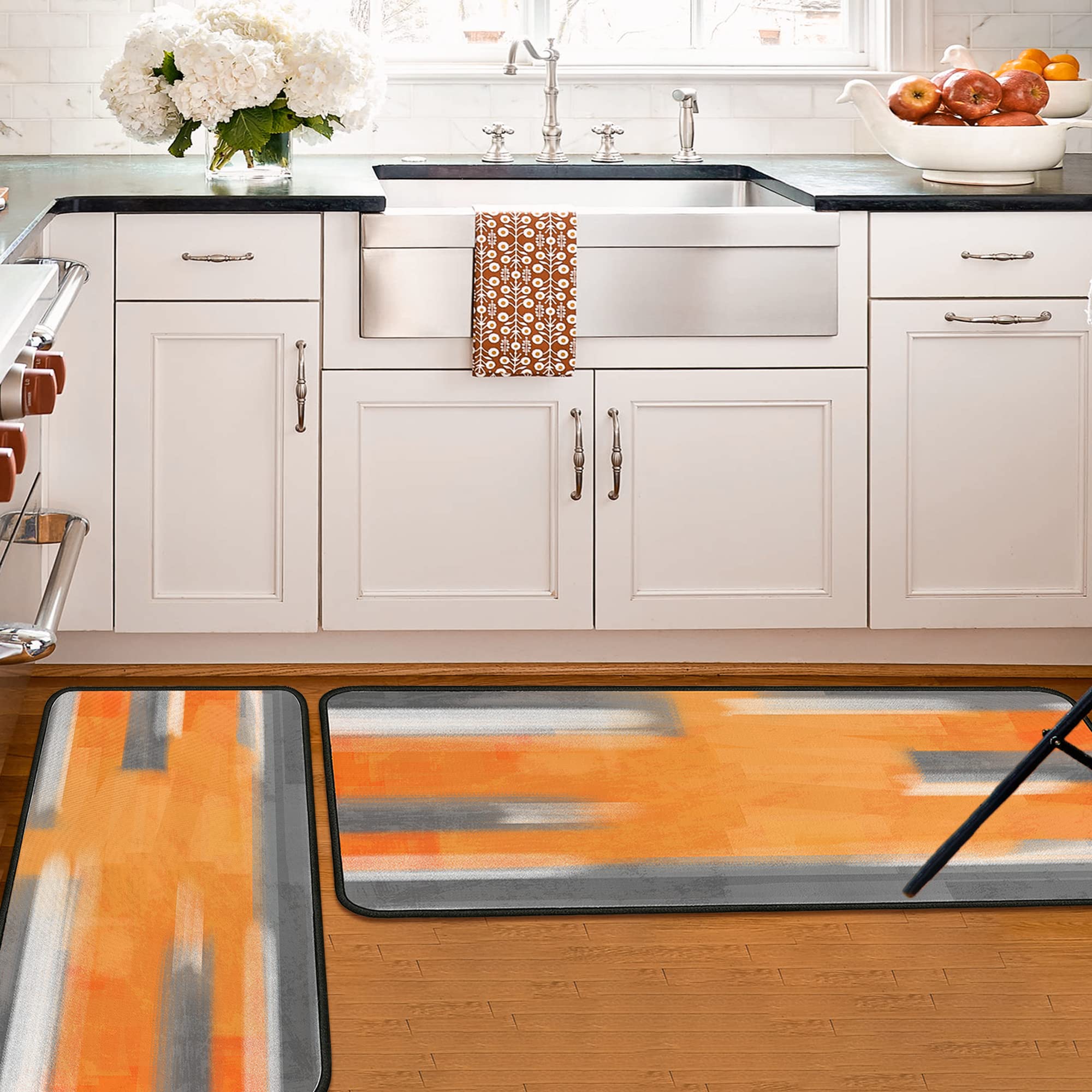 Non-Slip Orange Kitchen Rugs Set of 2 - Washable Floor Mats with Anti-Skid Backing - 17x47.2 & 17x30 Inch Home Decor Runner for Kitchen, Entryway, and Laundry Room - Perfect for High-Traffic Areas and Spill Protection