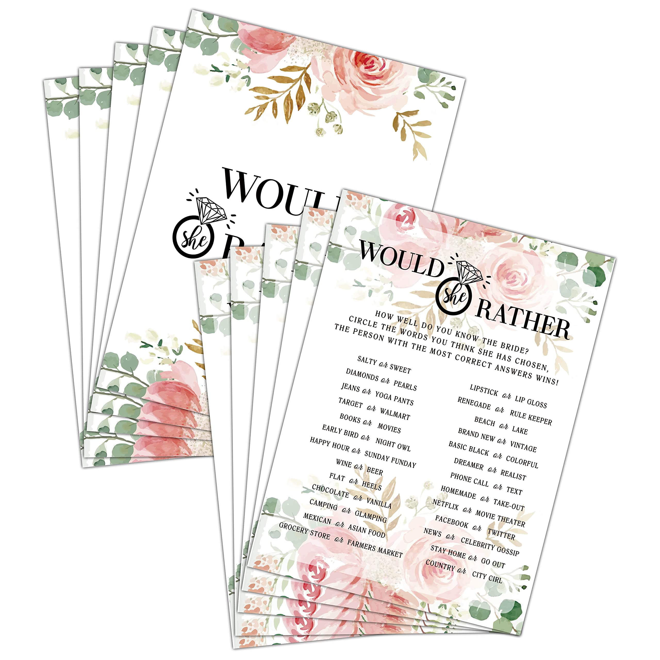 Would She Rather Bridal Shower Game Set - 30 Floral Wedding Party Cards for Engagement, Bachelorette & Bridal Showers - Blush Pink Wedding Favor Decor & Fun Activity Supplies - Perfect for Wedding Showers, Girls Night & Bachelorette Parties