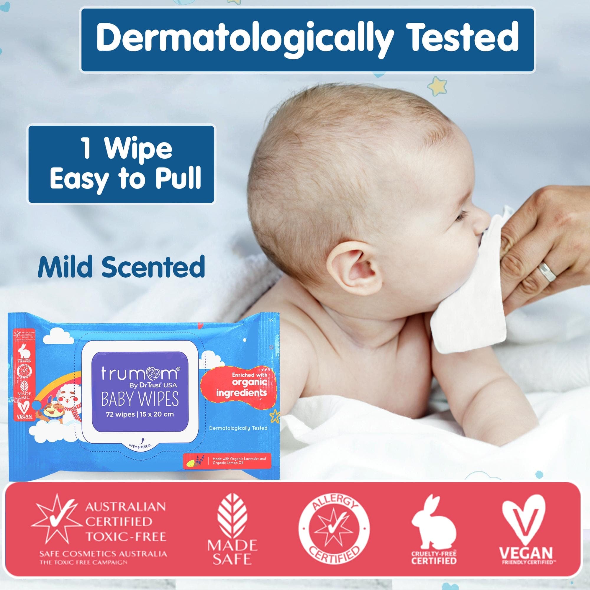 Organic Baby Wipes by Trumom USA - 3-Pack | Hypoallergenic, Chemical-Free & Safe Certified | Gentle for Newborns & Sensitive Skin | Perfect for Diaper Changes, On-the-Go Cleaning & Baby Care Essentials