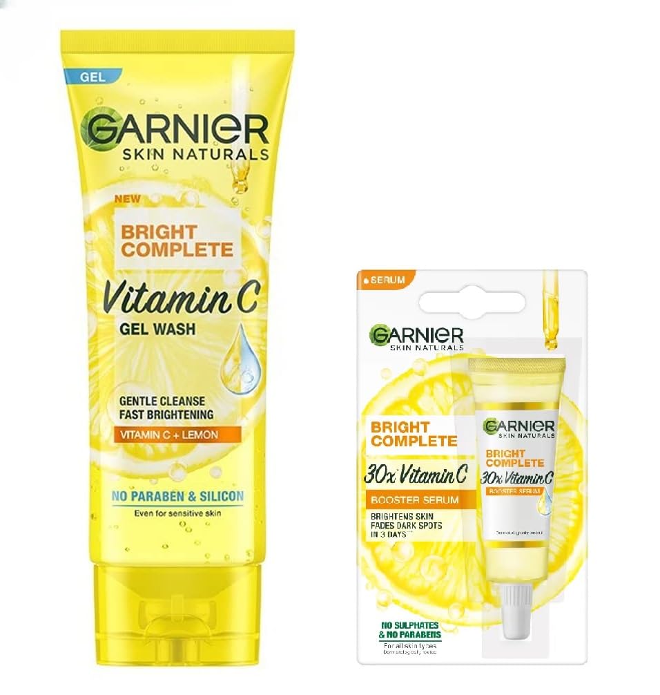 Garnier Bright Complete Vitamin C Skin Brightening Serum 7ml & Vitamin C Gel Face Wash 50g Set - Brighten & Even Skin Tone | Morning & Night Skincare Routine