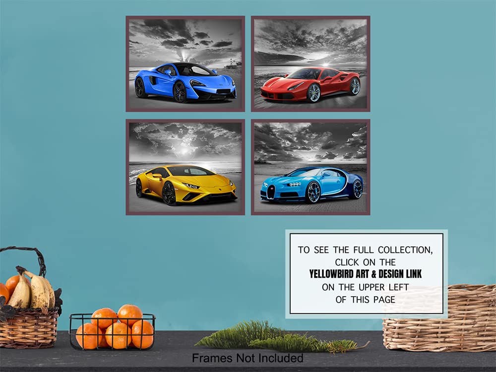 Lamborghini McLaren Ferrari Bugatti Sports Car Wall Art Posters - Boys Room Decor & Man Cave Wall Decor - Race Car Themed Garage & Bar Wall Art - Perfect for Coastal Beach Theme Bedrooms & Game Rooms