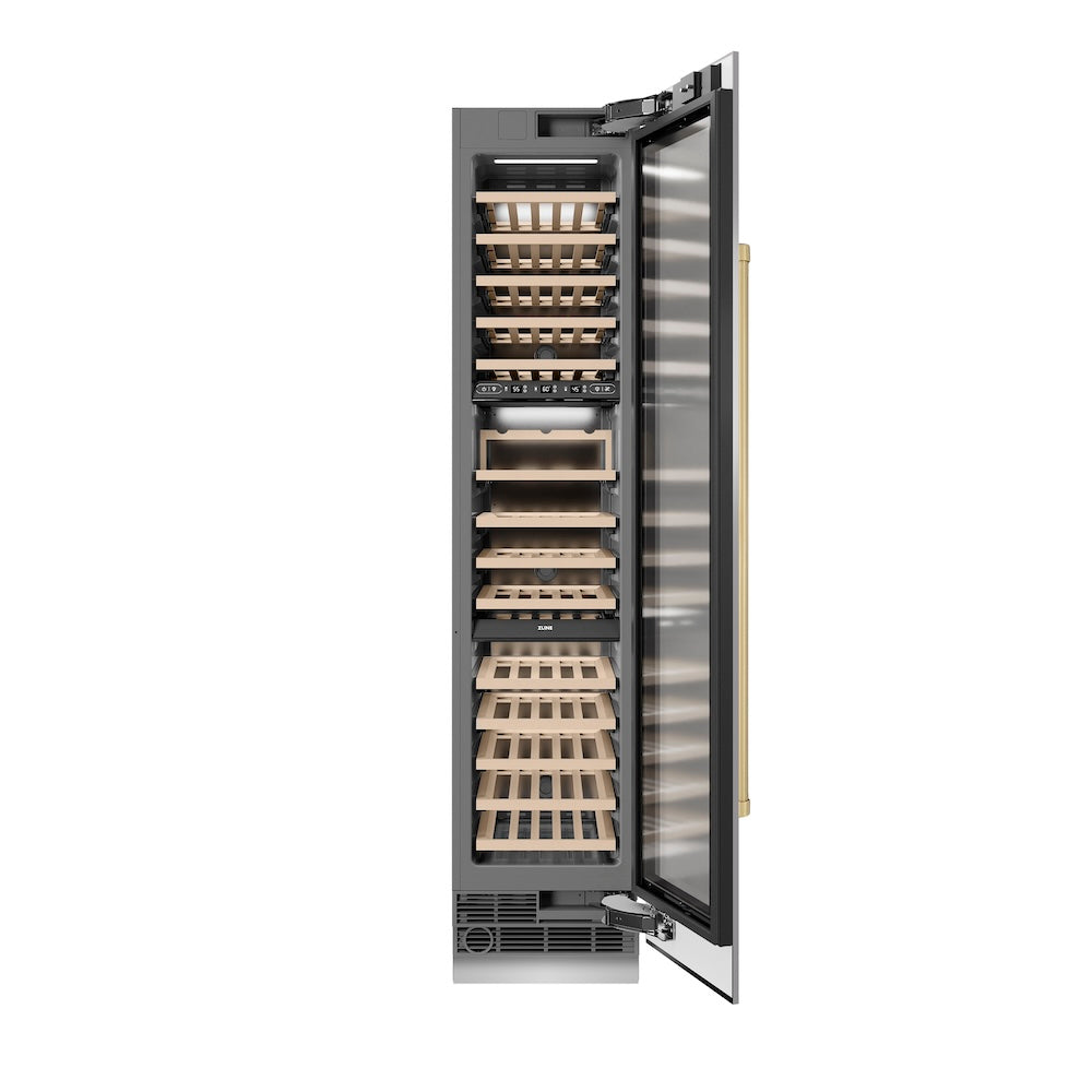 ZLINE Autograph Edition 18 Inch 9.0 cu ft Triple Zone 68 Bottle Right Hinge Stainless Steel Column Wine Cooler with Champagne Bronze Accents - Perfect for Home Bars, Wine Cellars, and Entertaining (RCWVRZ 30418 CB)
