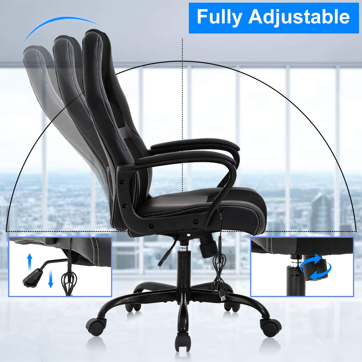 Ergonomic High Back Office Gaming Chair with Lumbar Support & Massage - PU Leather Executive Desk Chair with Adjustable Armrests & Swivel Base for Home Office, PC Gaming, and Workstation Use - Black