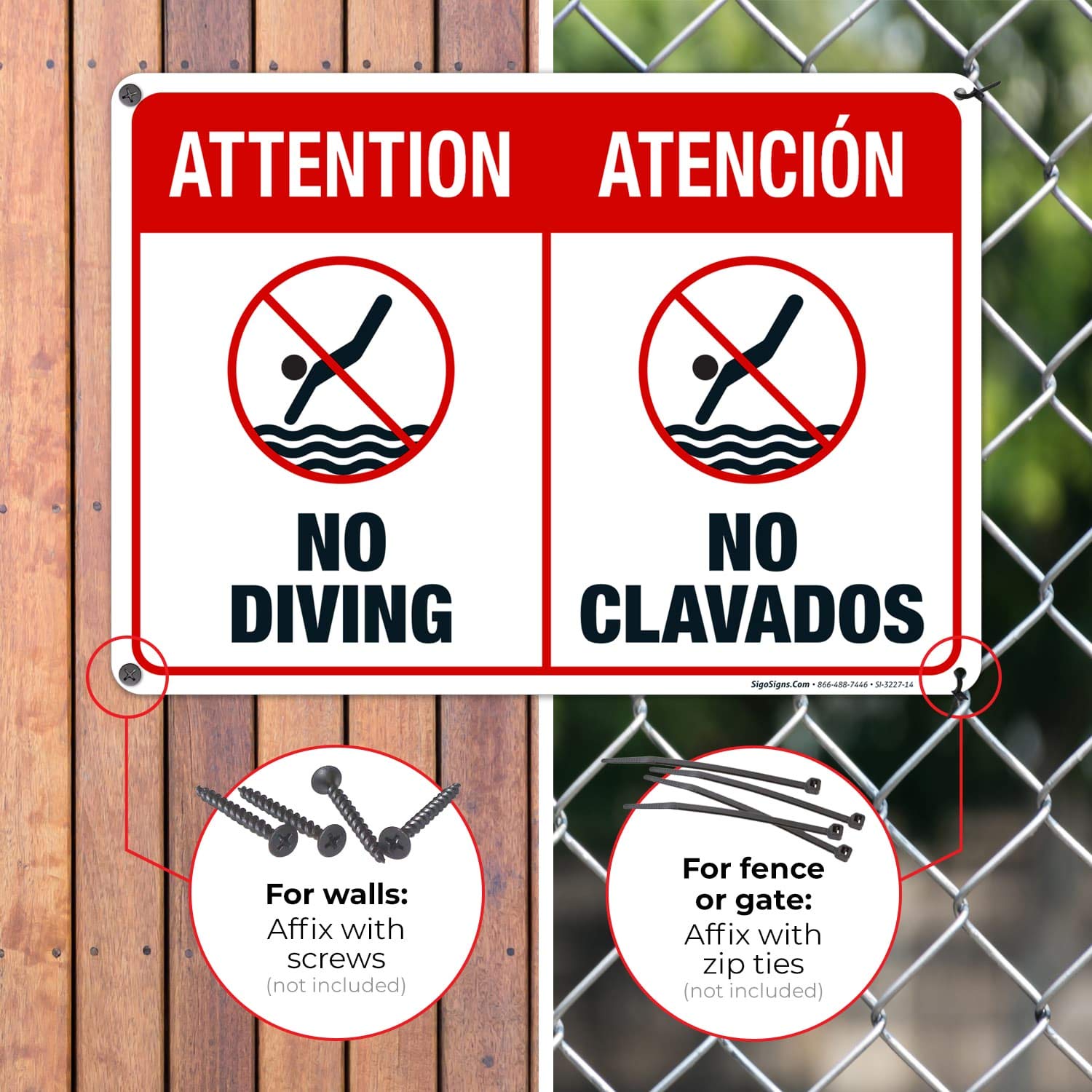 No Diving Pool Sign - Bilingual English/Spanish 10x14 Inches - Rust-Free .040 Aluminum - Fade Resistant - Easy Mounting - Indoor/Outdoor Use - Made in USA - Perfect for Swimming Pools, Water Parks & Backyard Safety