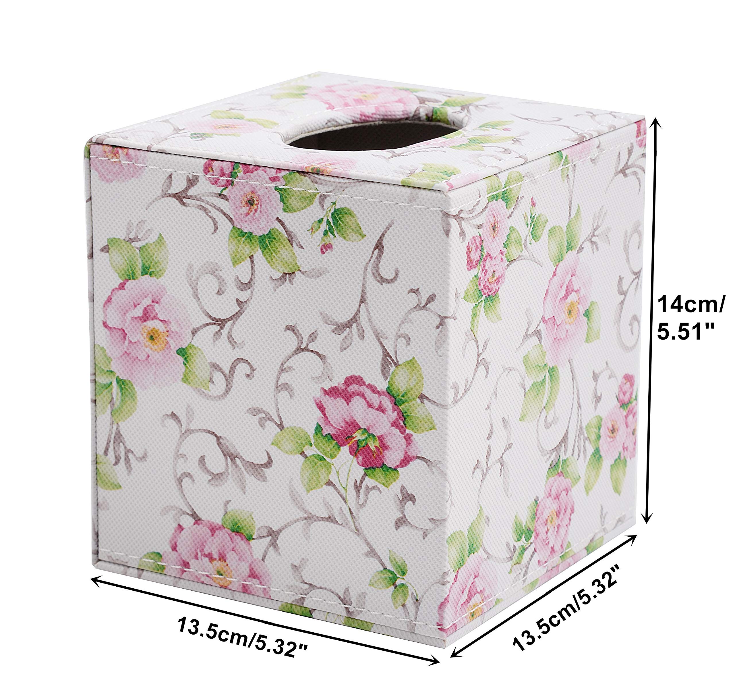 Elegant Floral PU Leather Tissue Box Cover - Square Home Decor with Pink Flower Design | Perfect for Living Room, Bedroom, and Bathroom Organization