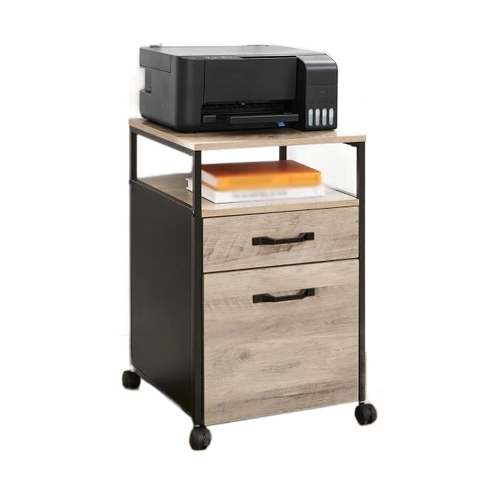 Industrial Style Rolling Printer Stand with 2 Drawers & Open Shelves - Mobile File Organizer Cabinet on Wheels for Office, Home Workspace - Perfect for Printer Storage, File Organization & Workspace Optimization