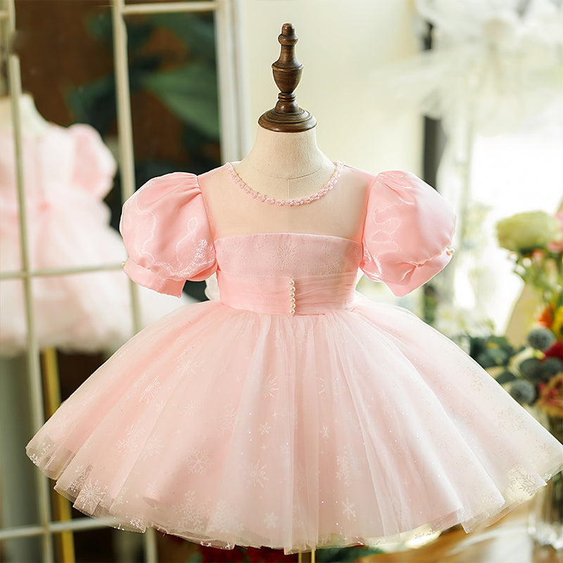 Pink Satin Princess Flower Girl Dress with Beaded Sequin Details - Puff Sleeve Knee-Length Formal Dress for Weddings, Parties & Special Occasions