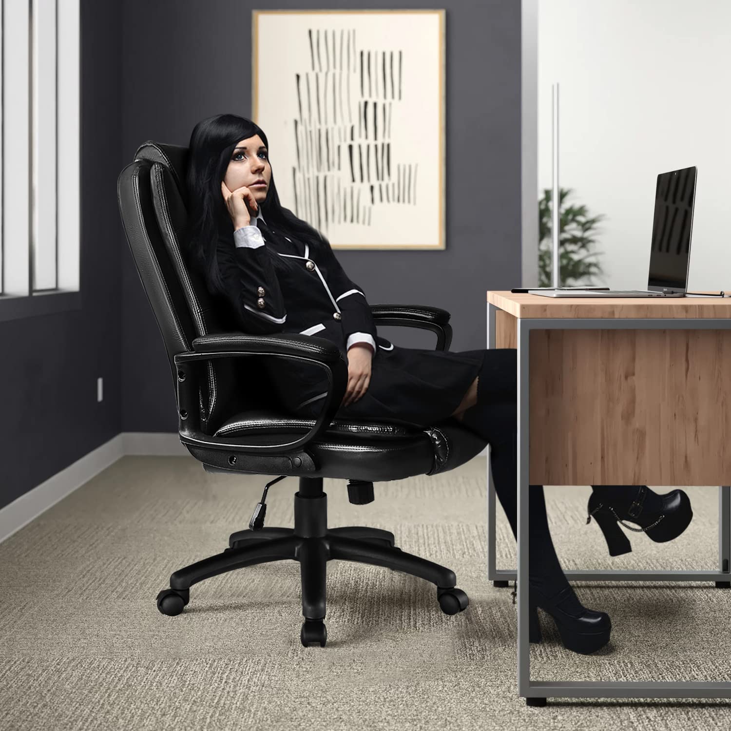 Ergonomic Office Chair with High Back Lumbar Support - Adjustable Swivel Computer Desk Chair for Gaming & Home Office, Black Leather Racing Style with Wheels - Perfect for Long Work Sessions & Gaming Marathons