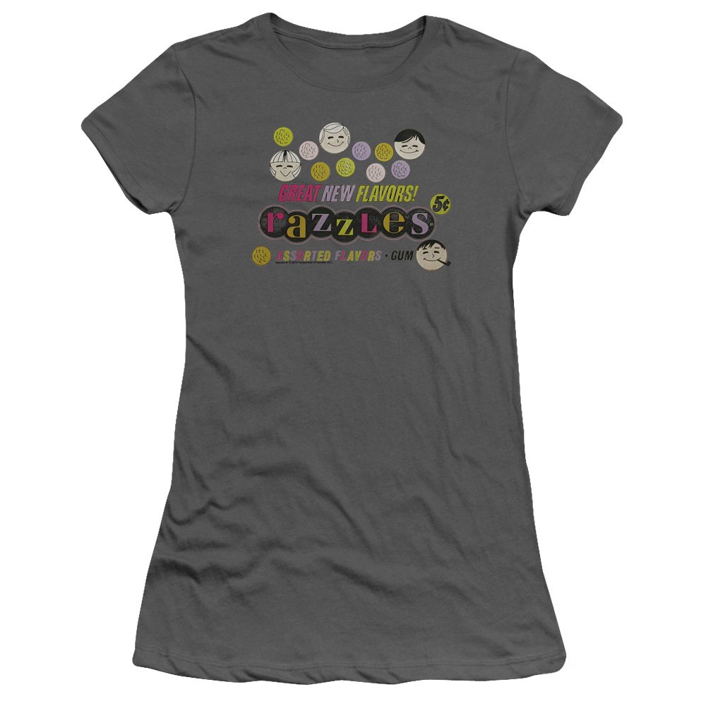 Trevco Dubble Bubble Razzles Retro Box Juniors' Sheer Fitted T-Shirt | Vintage Candy Graphic Tee for Women & Girls | Perfect for Casual Wear, Retro Parties & 90s Theme Events