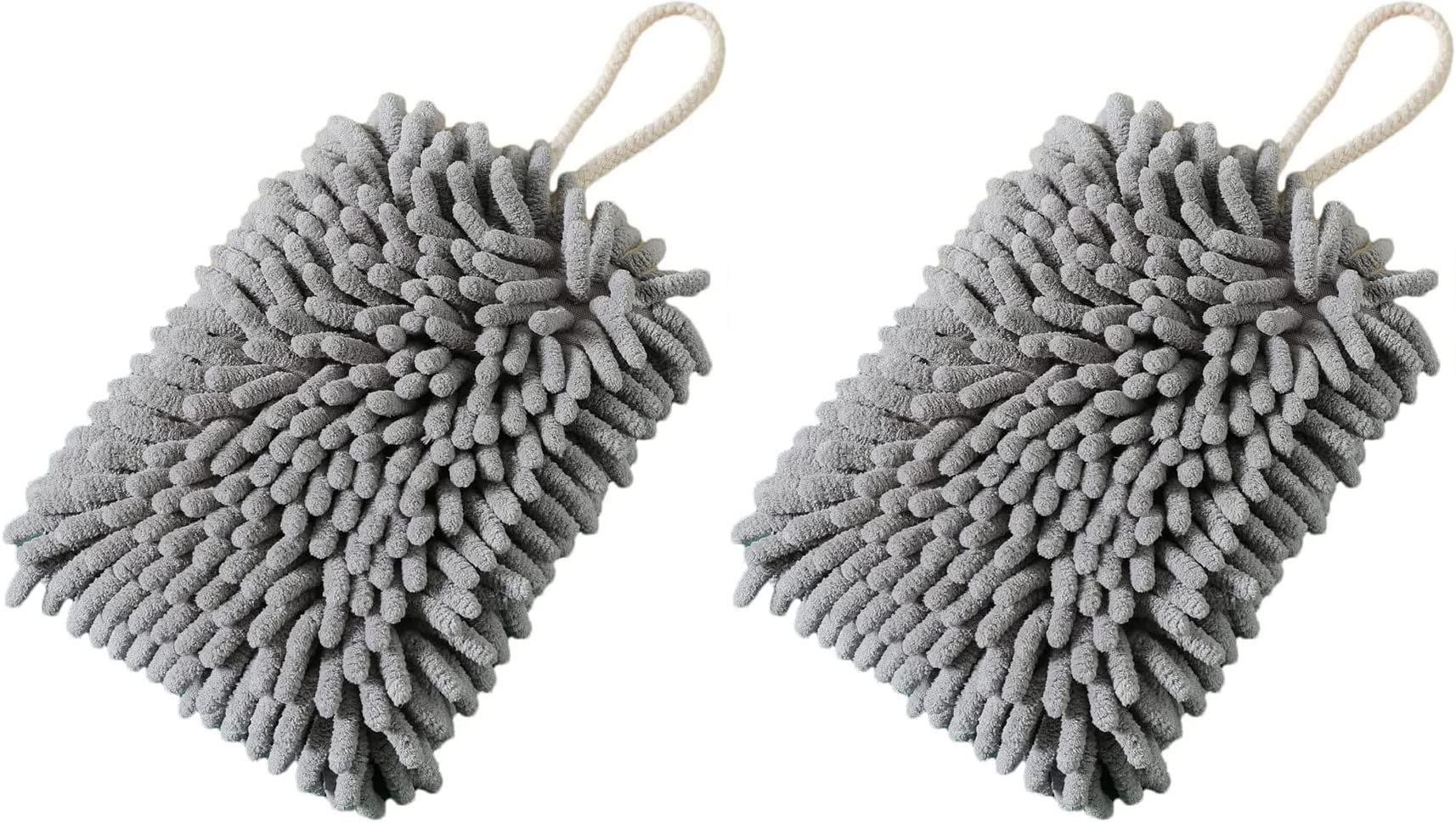 Nipogear 2-Pack Ultra Soft Chenille Hand Towels for Kitchen & Bathroom - Highly Absorbent, Quick Drying, Machine Washable with Hanging Loop (Grey, 7.5x5 Inches) - Perfect for Dish Drying, Hand Wiping & Bathroom Decor