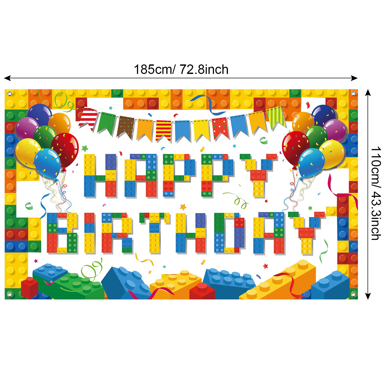 Tatuo DIY Building Block Birthday Banner - 72.8 x 43.3 Inch Party Backdrop for Photography, Lego Theme Decorations | Perfect for Kids Birthday Parties, Baby Showers & Classroom Celebrations