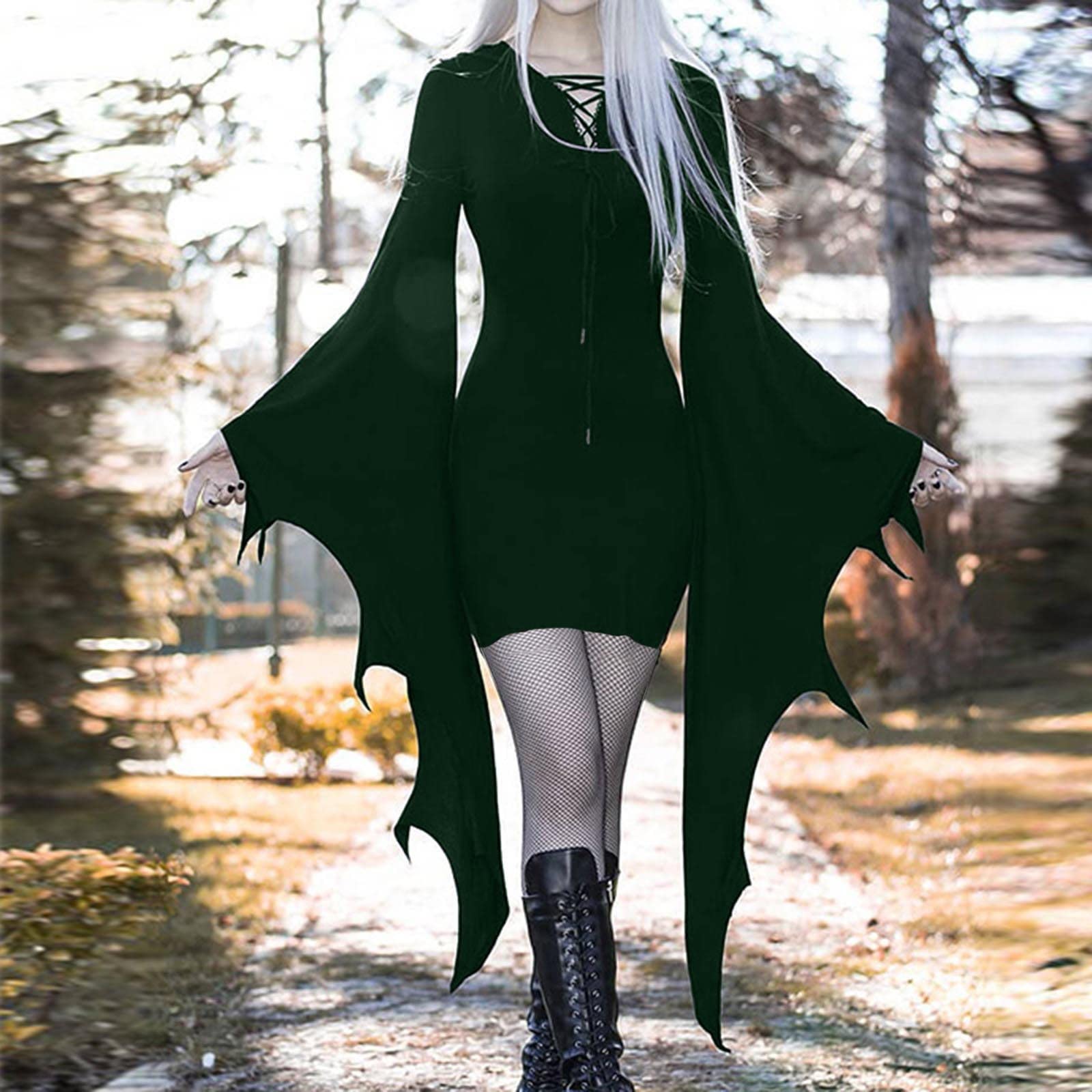 Sexy Bat Sleeve Gothic Mini Wrap Dress for Women - Halloween Costume Party Dress with Long Flared Sleeves | Perfect for Halloween Parties, Cosplay Events & Gothic Night Outfits