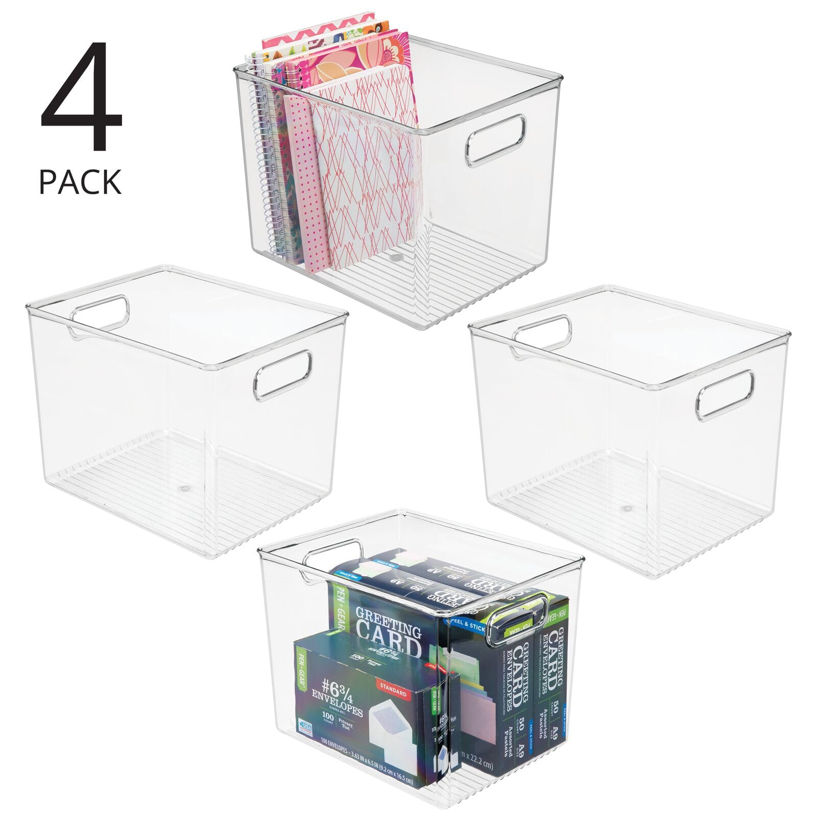 mDesign Tall Deep Rectangular Plastic Office Supplies Storage Organizer Bin with Carrying Handles - Perfect for Organizing Pads, Pens, Pencils, Dry Erase Markers, Highlighters & Sticky Notes | Ligne Collection 4-Pack Clear | Ideal for Home Office, School & Workspace Organization