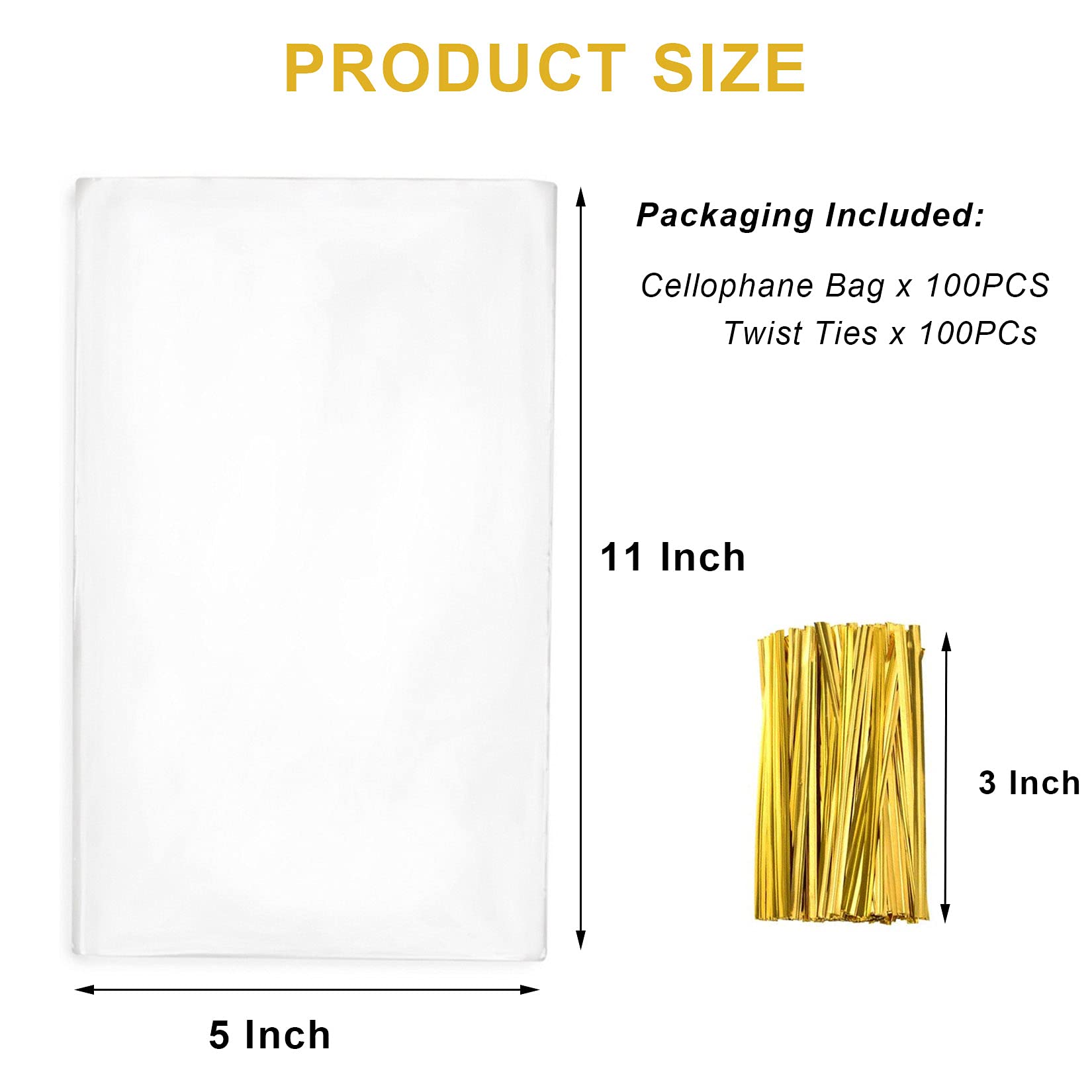 Yotelab 5x11 Inches Clear Cellophane Treat Bags with Twist Ties - 100 Pack | Perfect for Candy, Cookies, Party Favors & Gift Wrapping