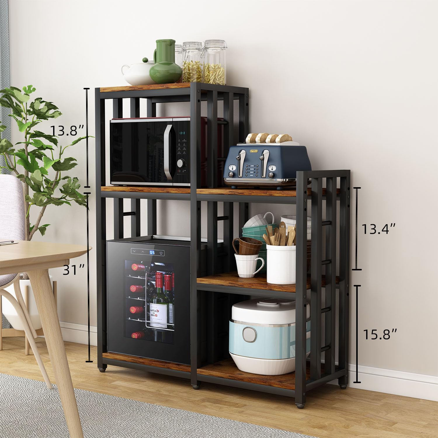 BRIGHTSHOW 6-Tier Kitchen Storage Shelf - Bakers Rack, Coffee Bar Table, Microwave & Mini Fridge Stand - Organizer for Spices, Pots, Pans (52