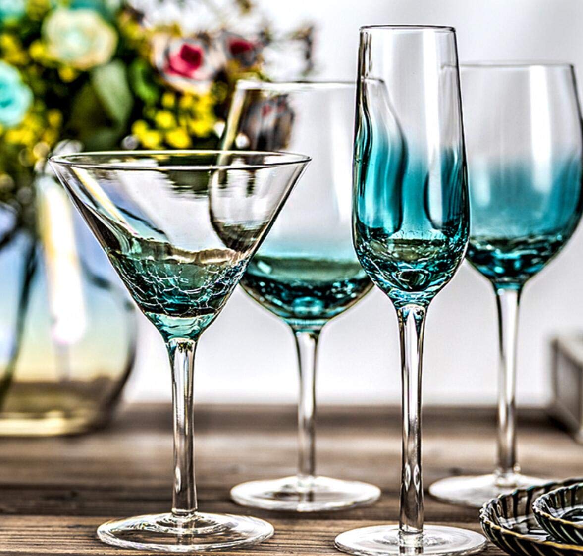 Gradient Blue Crystal Wine Glasses Set - 100% Lead-Free Premium Crystal Ice Cracked Design for Red Wine, Cocktails & Champagne - Perfect for Dinner Parties, Weddings & Romantic Date Nights