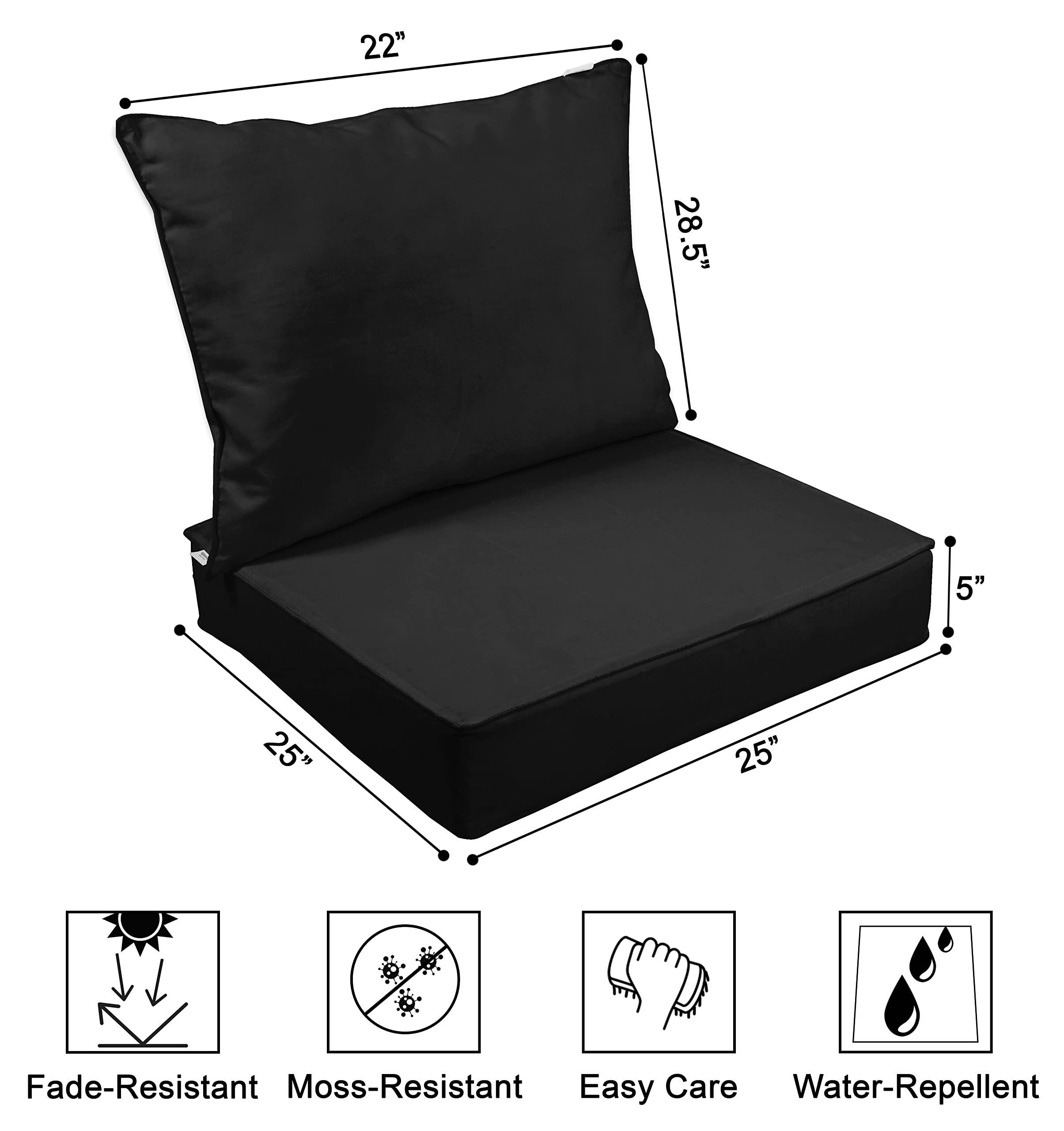 Premium 2-Piece Outdoor Deep Seat Patio Cushion Set - All-Weather Replacement Cushions (25