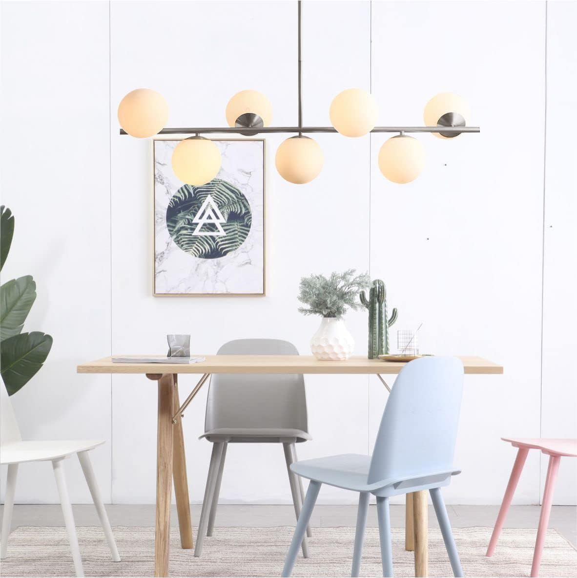 Modern Silver Sputnik Chandelier with Frosted White Glass Globes - Adjustable Pendant Ceiling Light for Dining Room, Living Room, Kitchen | Elegant Lighting Fixture for Home Decor & Interior Design