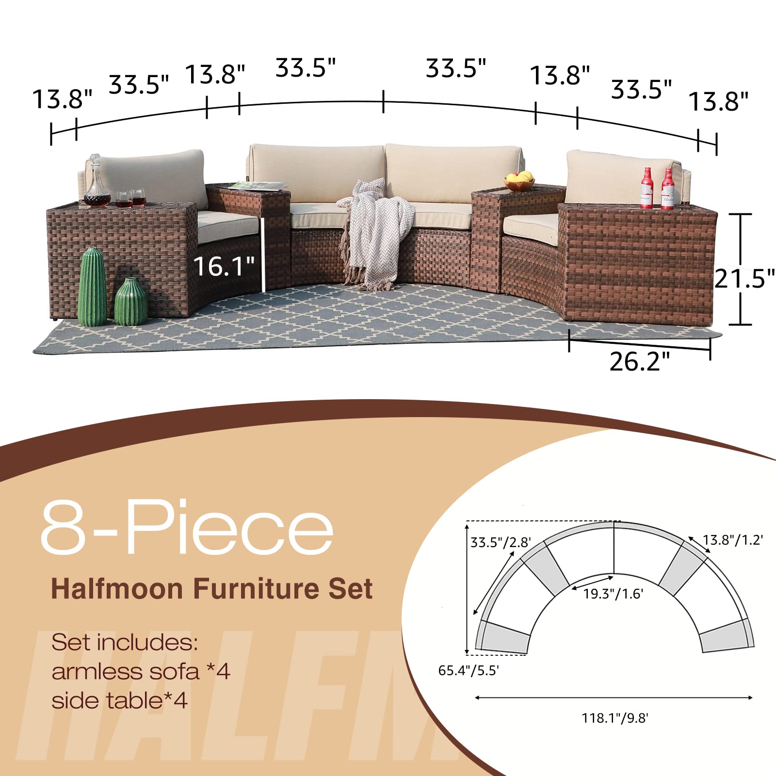 **SUNSITT 8-Piece Outdoor Patio Furniture Set - Half-Moon Curved PE Wicker Sectional Sofa with Beige Cushions, Brown Rattan Conversation Set for Garden, Poolside, Backyard & Patio Relaxation**