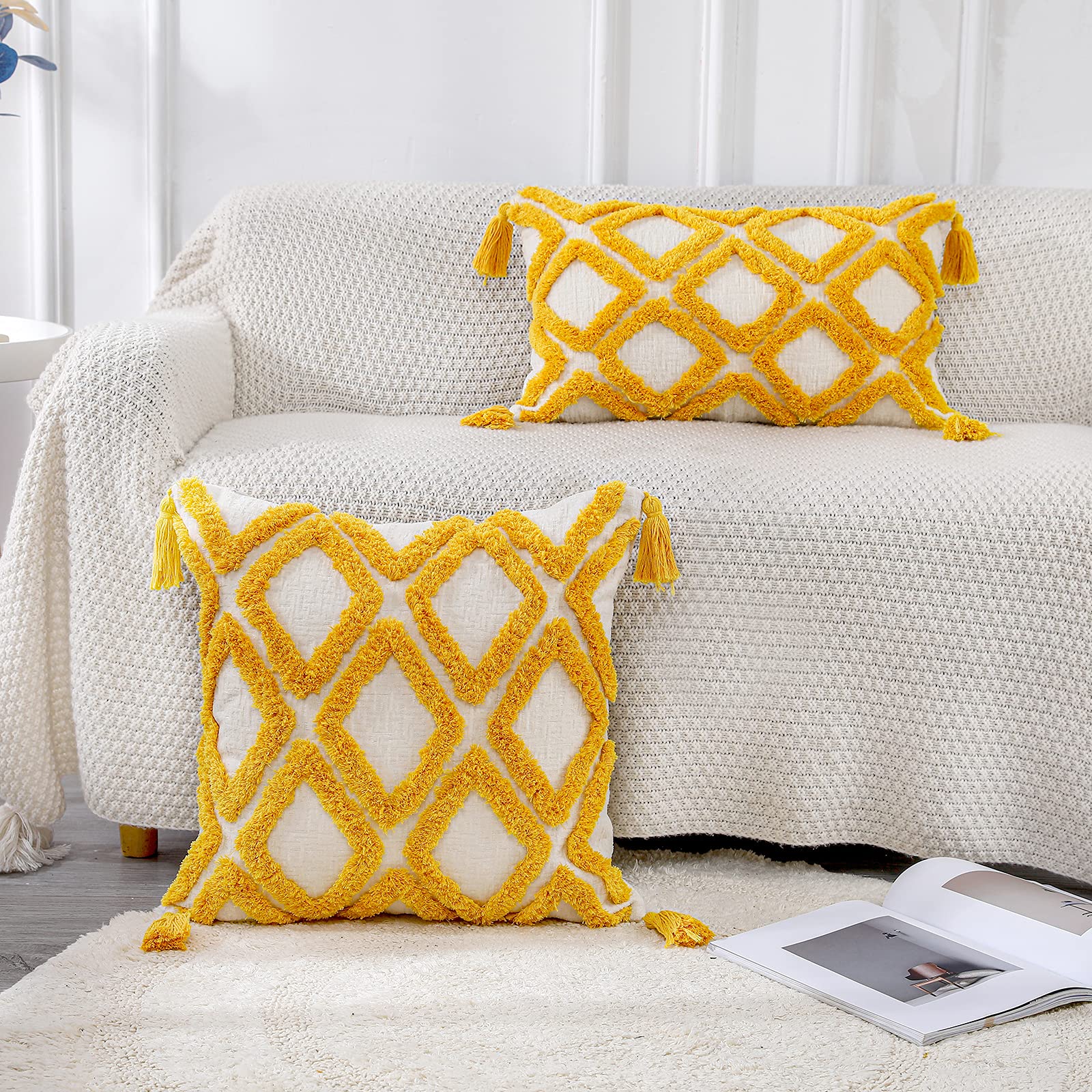 PANOD Super Soft Farmhouse Decorative Plush Throw Pillow Covers 12x20 Inch - Yellow Solid Diamond Pattern with Tassels, Tufted Boho Lumbar Cushion Cover for Sofa, Couch & Bed - Cozy Home Decor Accent Pillow Case for Living Room, Bedroom