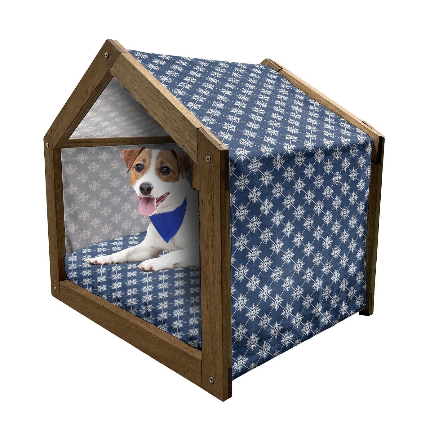 Ambesonne Indigo Wooden Pet House - Greek Tile Inspired Dog Kennel with Floral Leaf Design, Indoor & Outdoor Portable Dog House with Pillow & Cover, Large Size, Navy Blue & White - Perfect for Home, Garden, or Travel Use