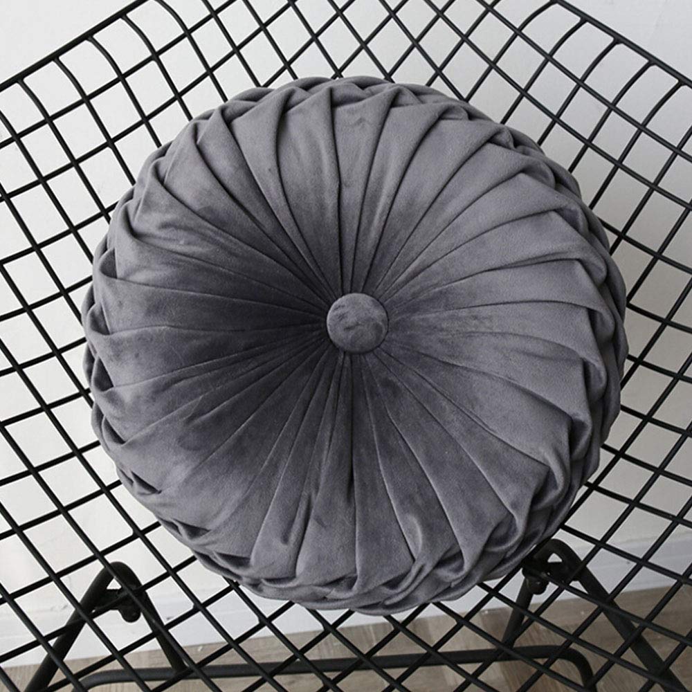 Velvet Round Filled Cushion - Pleated Scatter Pillow for Sofa, Chair, Bed & Car Decor - Soft Home Decorative Throw Pillow (Gray) - Perfect for Living Room, Nursery & Office Comfort