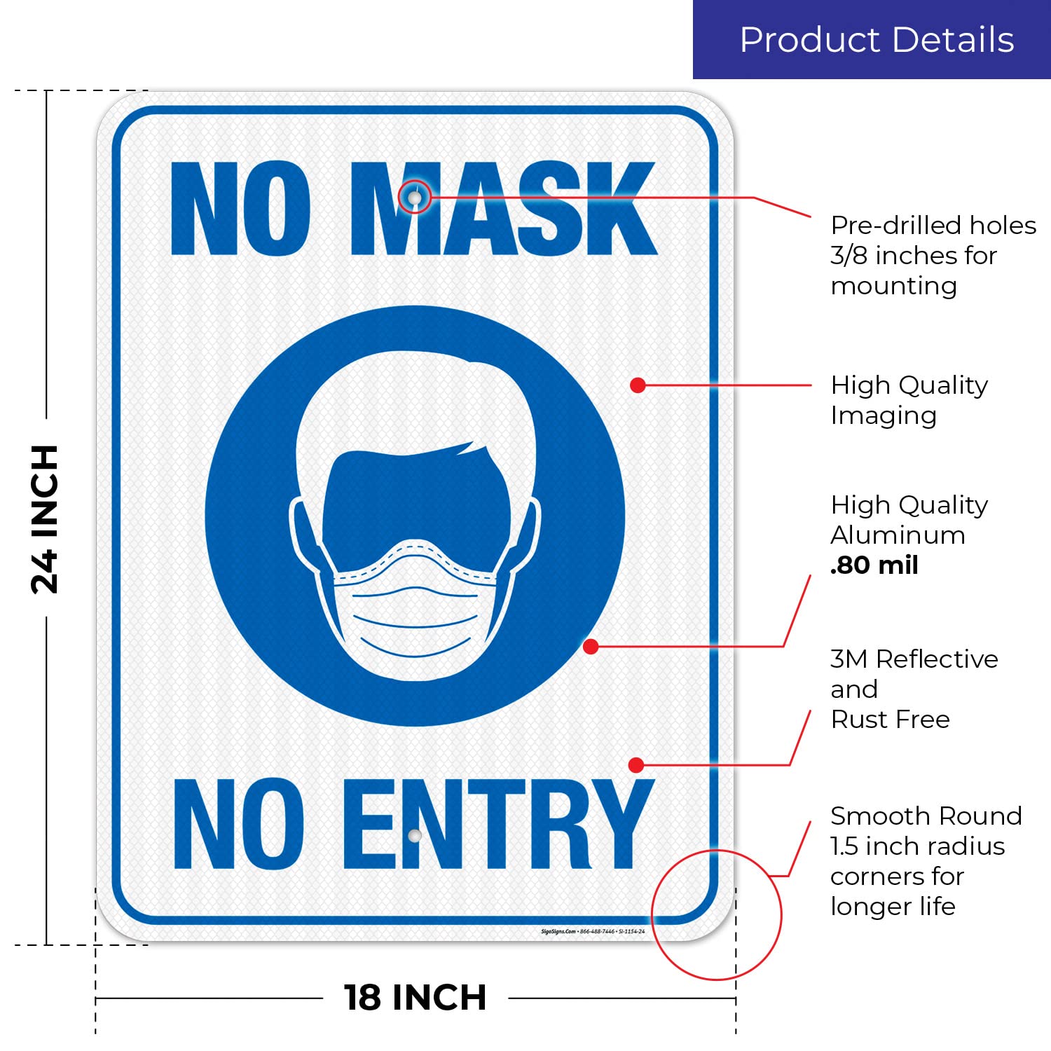 3M EGP Reflective 'Mask Required' & 'No Mask No Entry' Aluminum Signs - 18x24 Inches, .080 Thick, Fade Resistant for Indoor/Outdoor Use - Easy Mounting, Made in USA - Perfect for Stores, Offices & Public Spaces