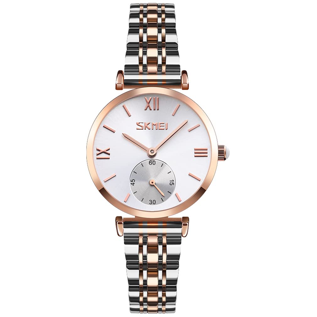 SKMEI Women's Luxury Stainless Steel Dress Watch - Classic Analog Quartz Waterproof Wristwatch for Business & Formal Occasions - Elegant Gold & Silver Design - Perfect Gift for Wife, Girlfriend & Ladies - Ideal for Office, Parties & Everyday Wear